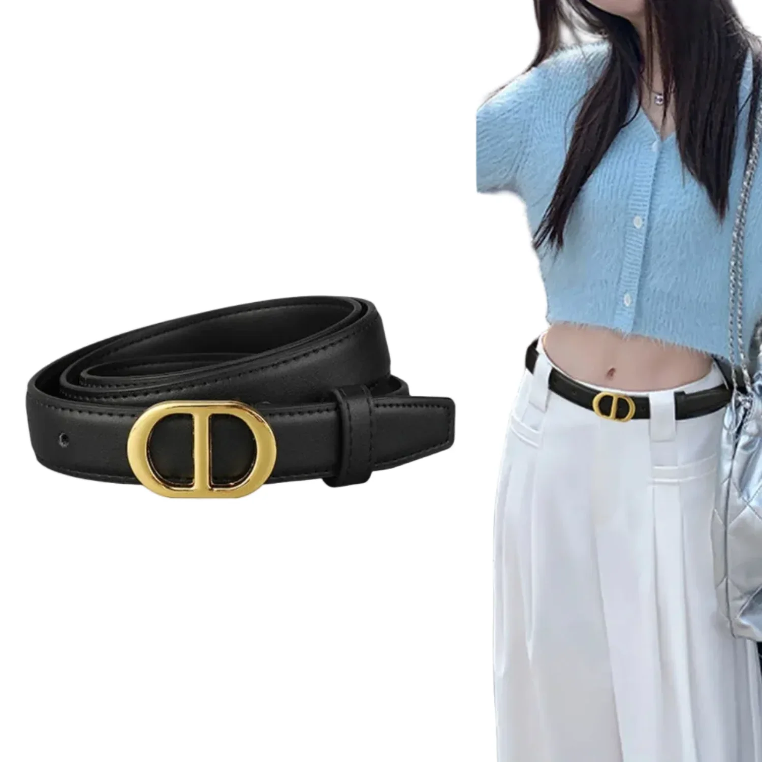 Women Black Oval Gold Buckle Black Belt - Image 2