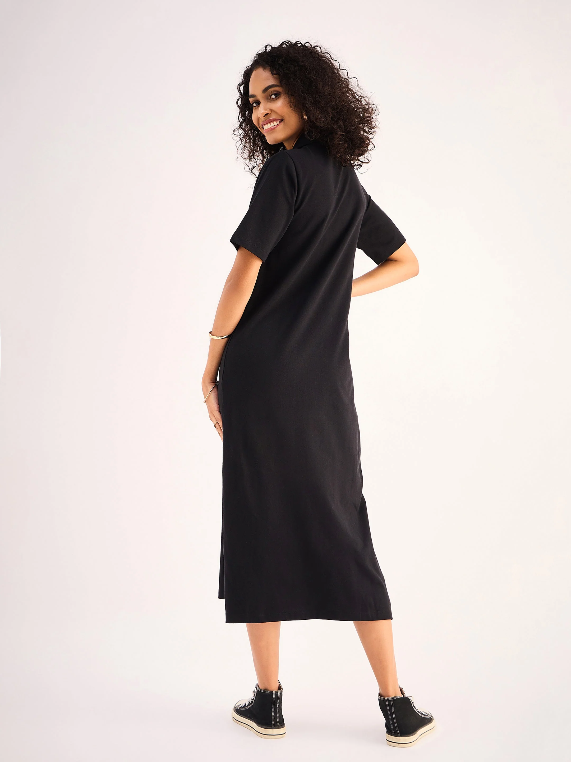 Women Black Oversized Collar T-Shirt Dress - Image 2