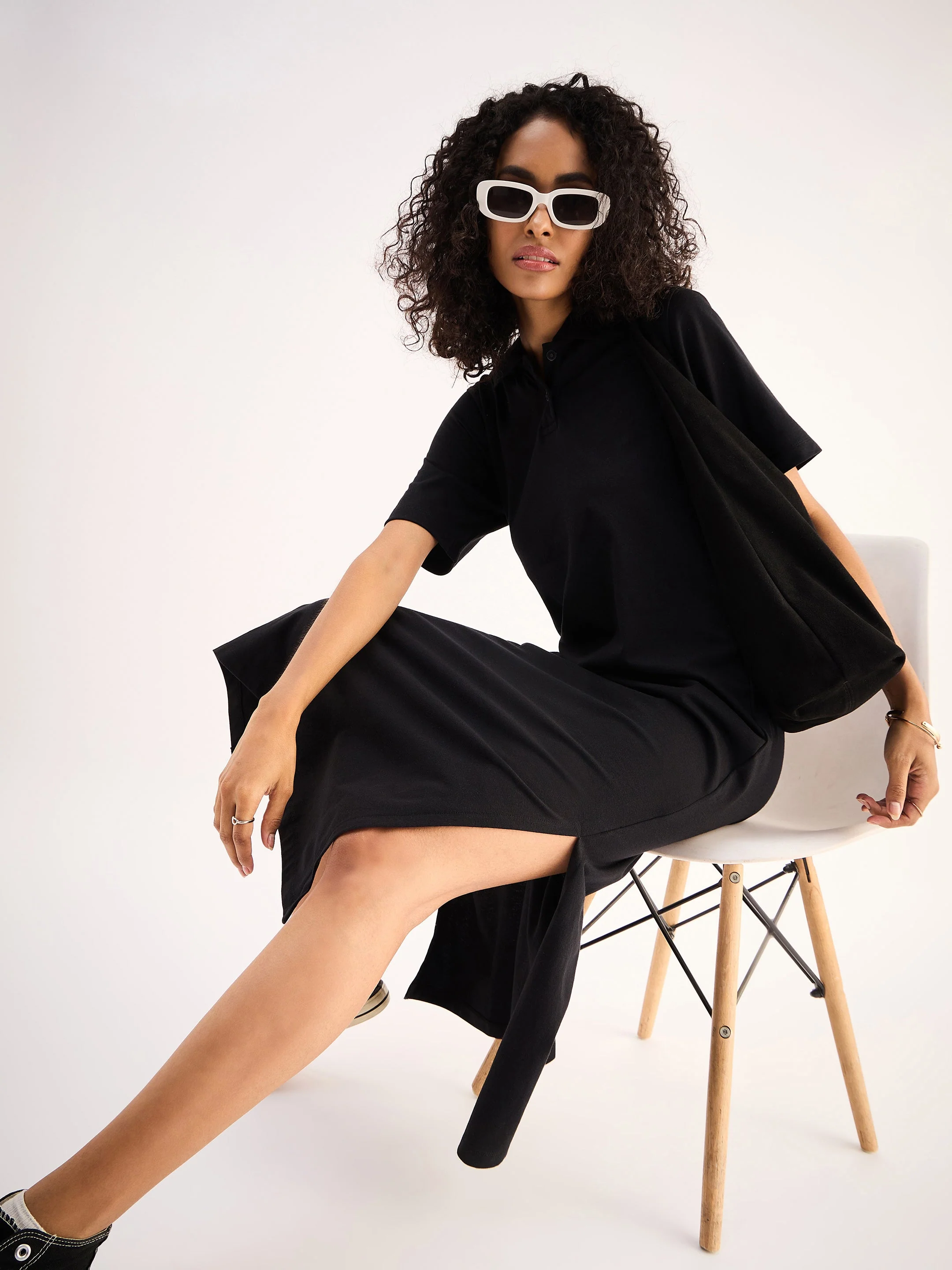 Women Black Oversized Collar T-Shirt Dress - Image 4