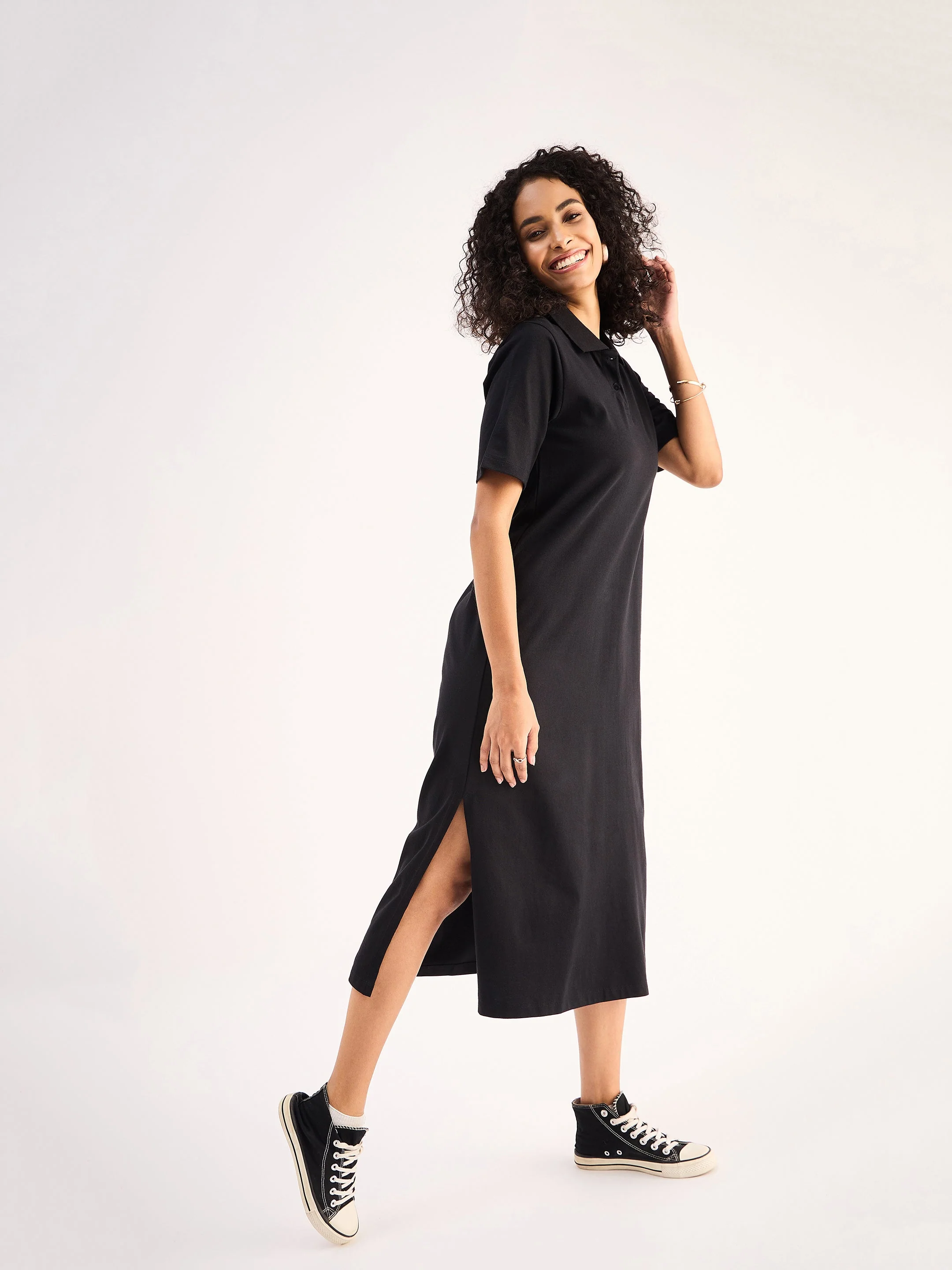 Women Black Oversized Collar T-Shirt Dress - Image 5