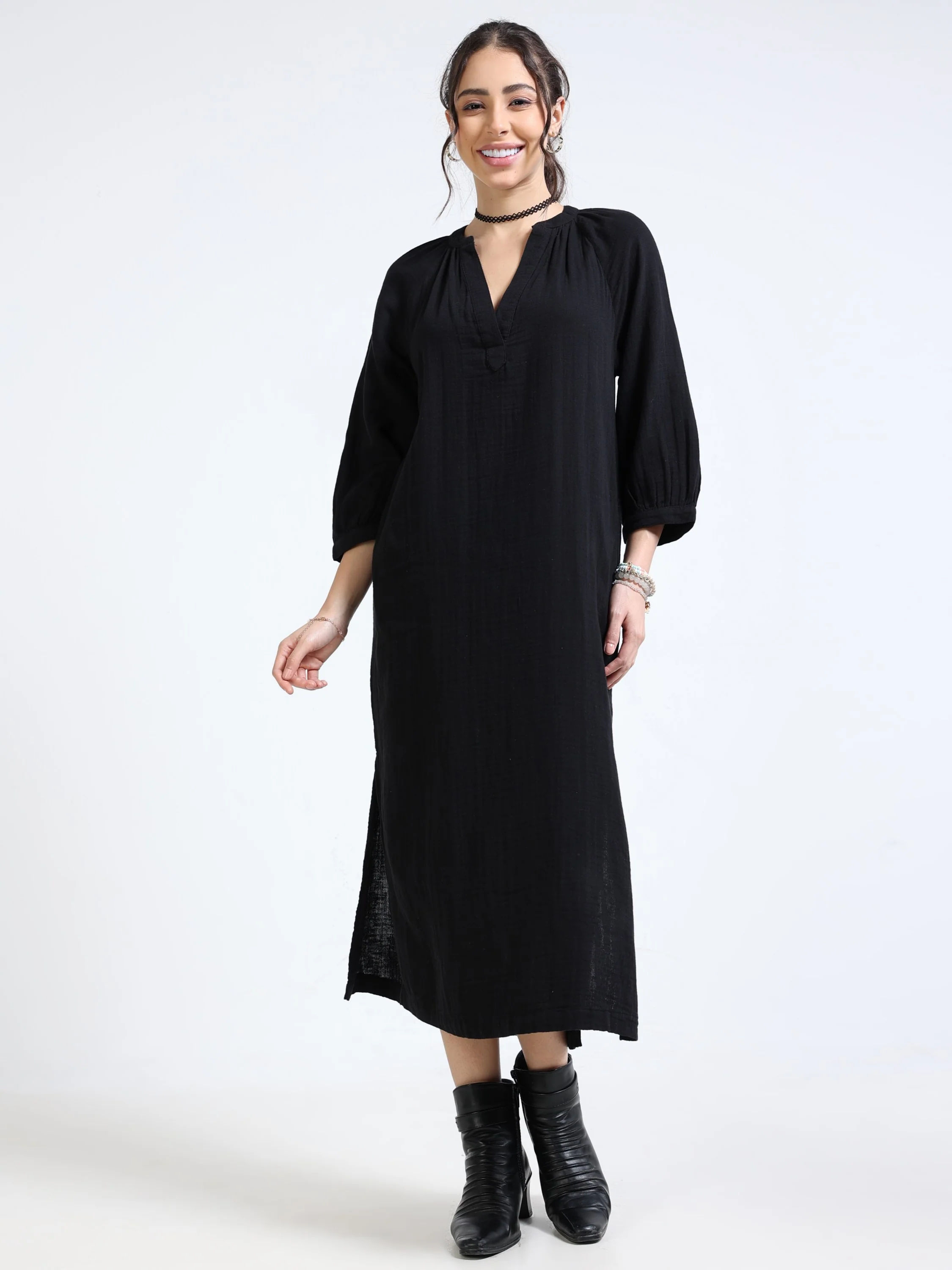 Women Black Oversized Gauze Dress - Image 5
