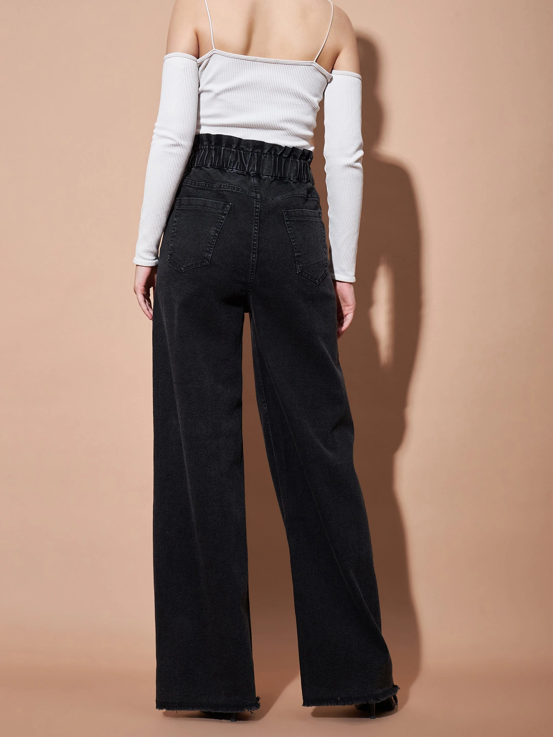 Women Black Paper Bag Waist Straight Jeans - Image 2