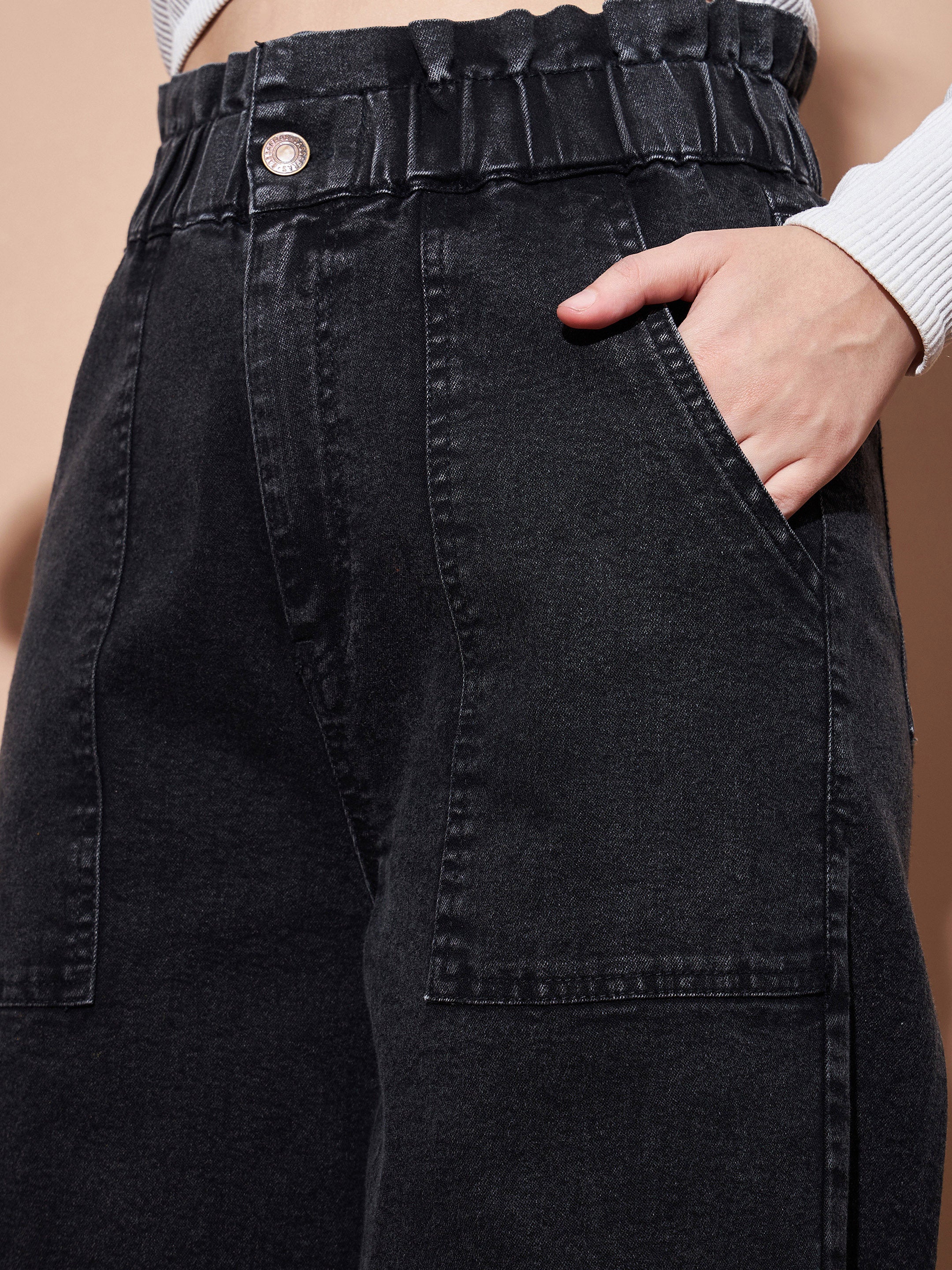 Women Black Paper Bag Waist Straight Jeans - Image 3