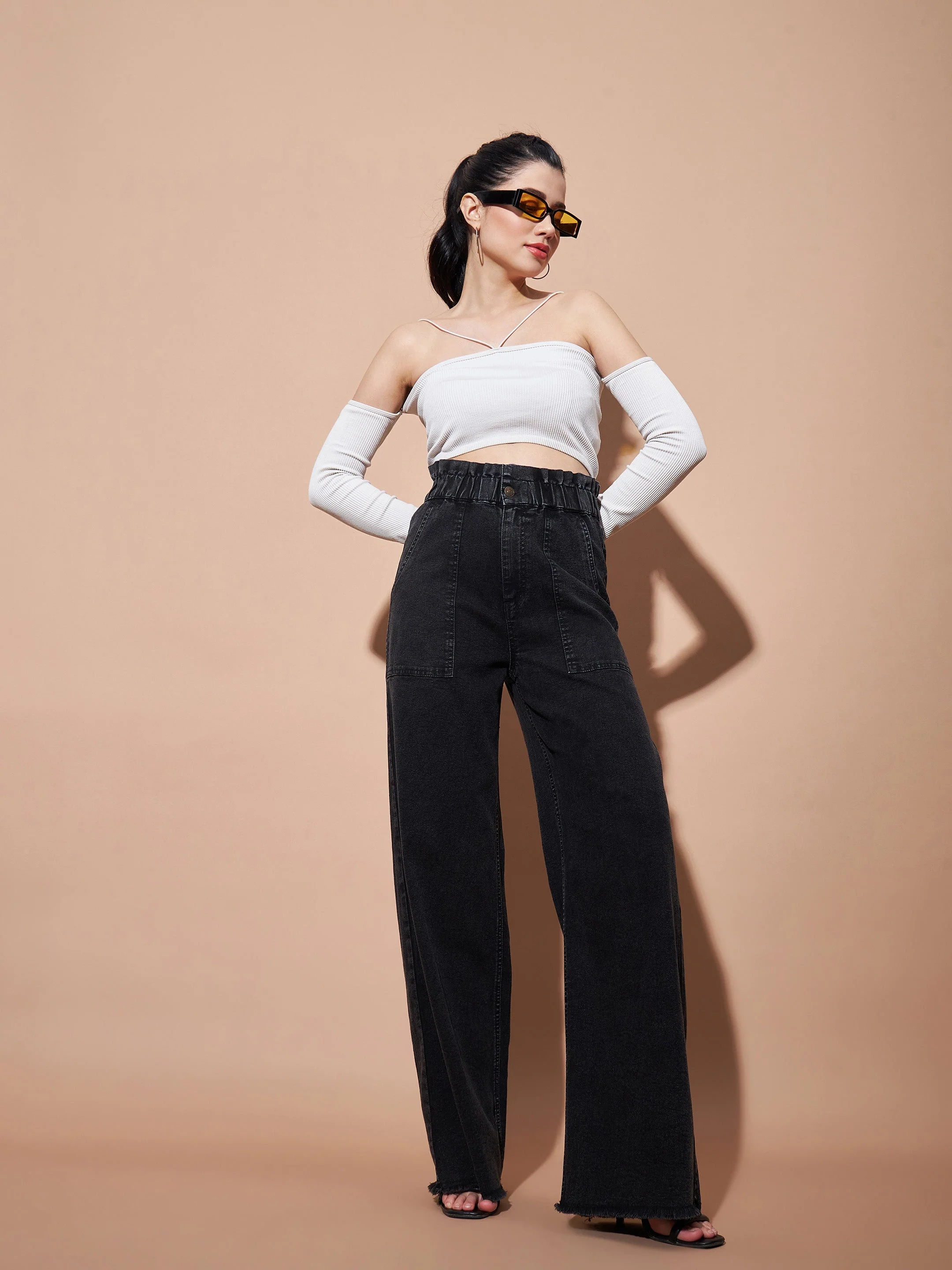 Women Black Paper Bag Waist Straight Jeans - Image 4