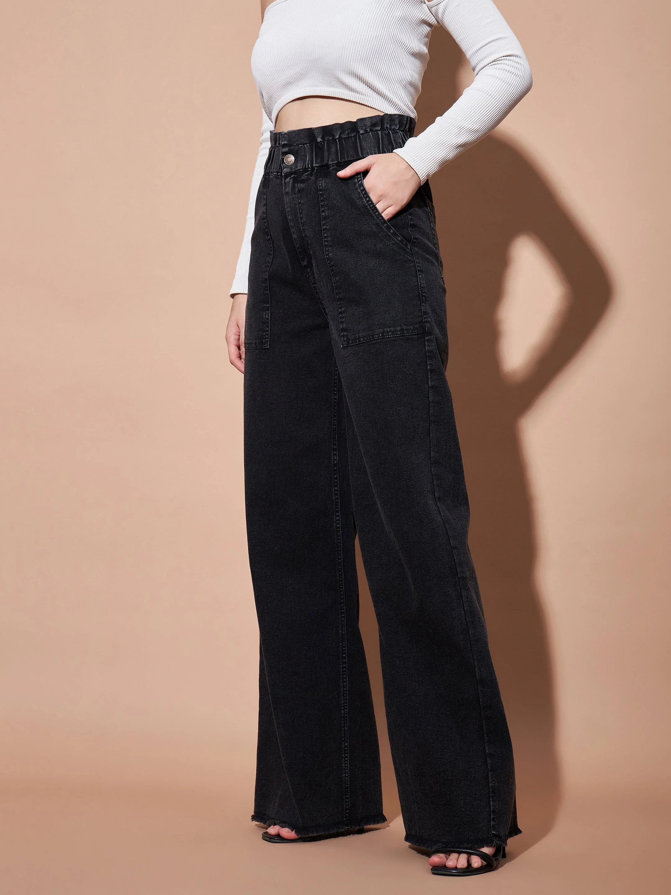 Women Black Paper Bag Waist Straight Jeans - Image 5