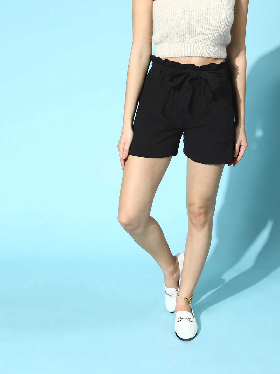 Women Black PaperBag Waist Belted Shorts - Image 2
