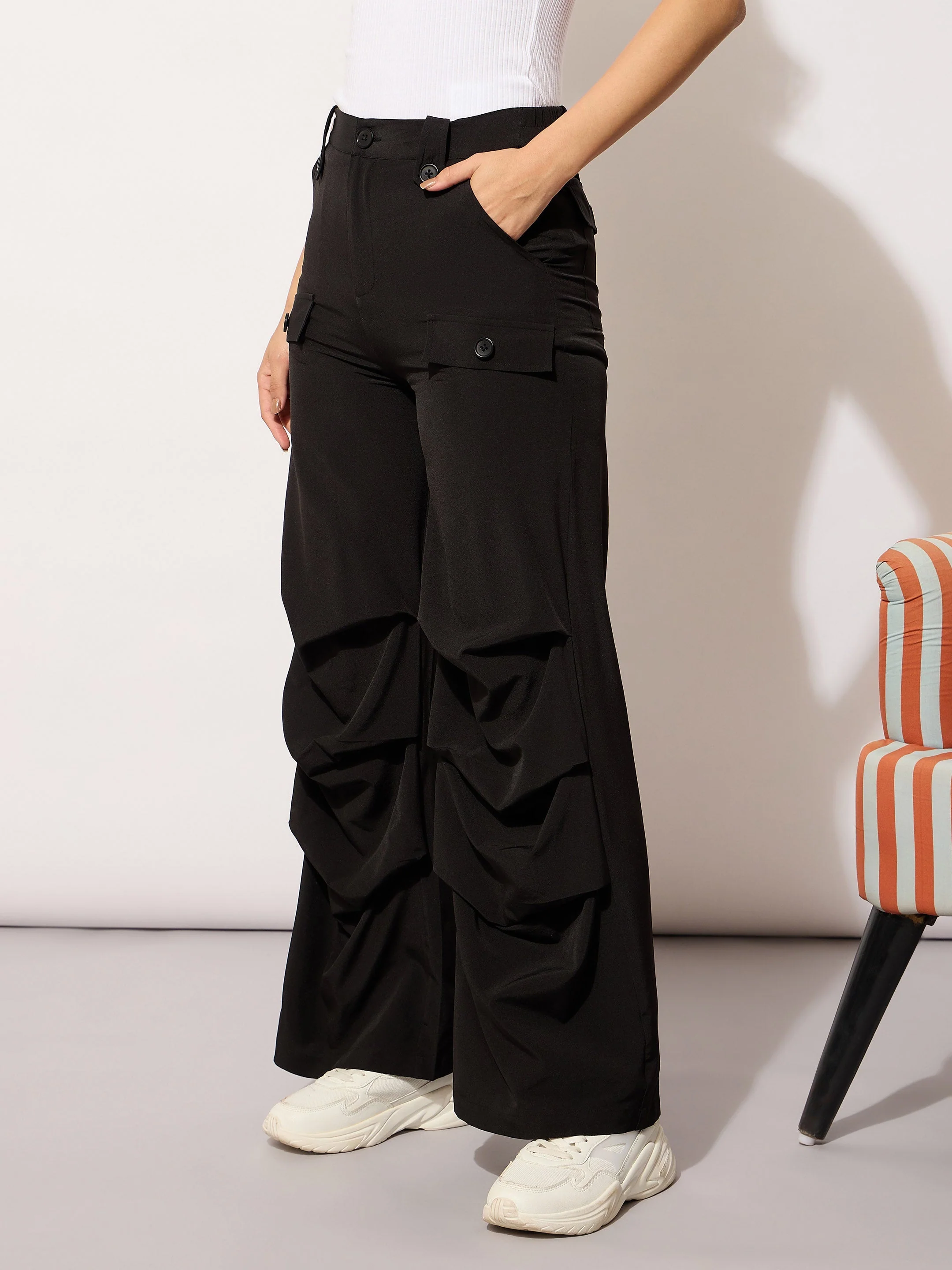 Women Black Parachute Pintuck Cargos - Image 3