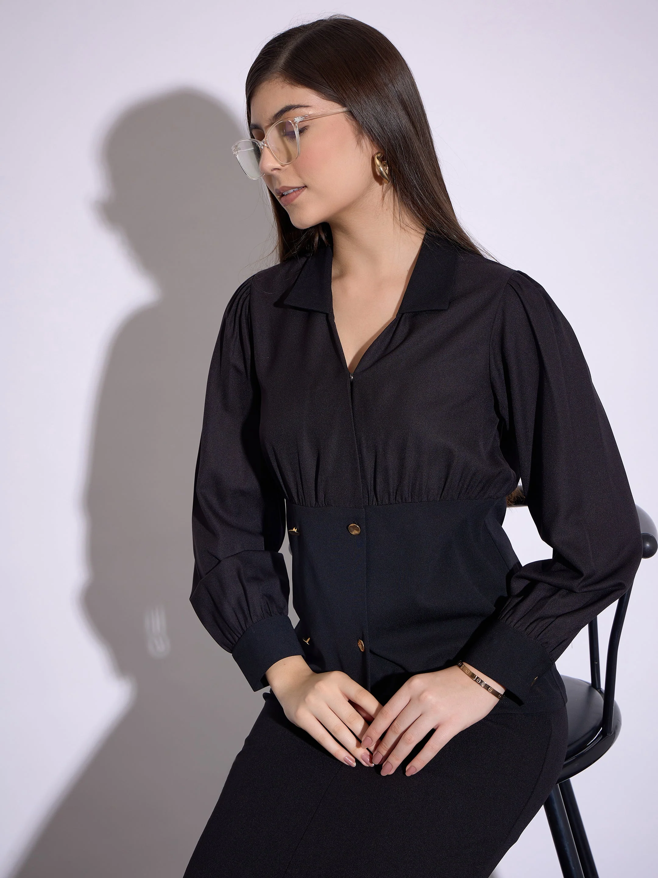 Women Black Peplum Collar Top With Midi Skirt - Image 2