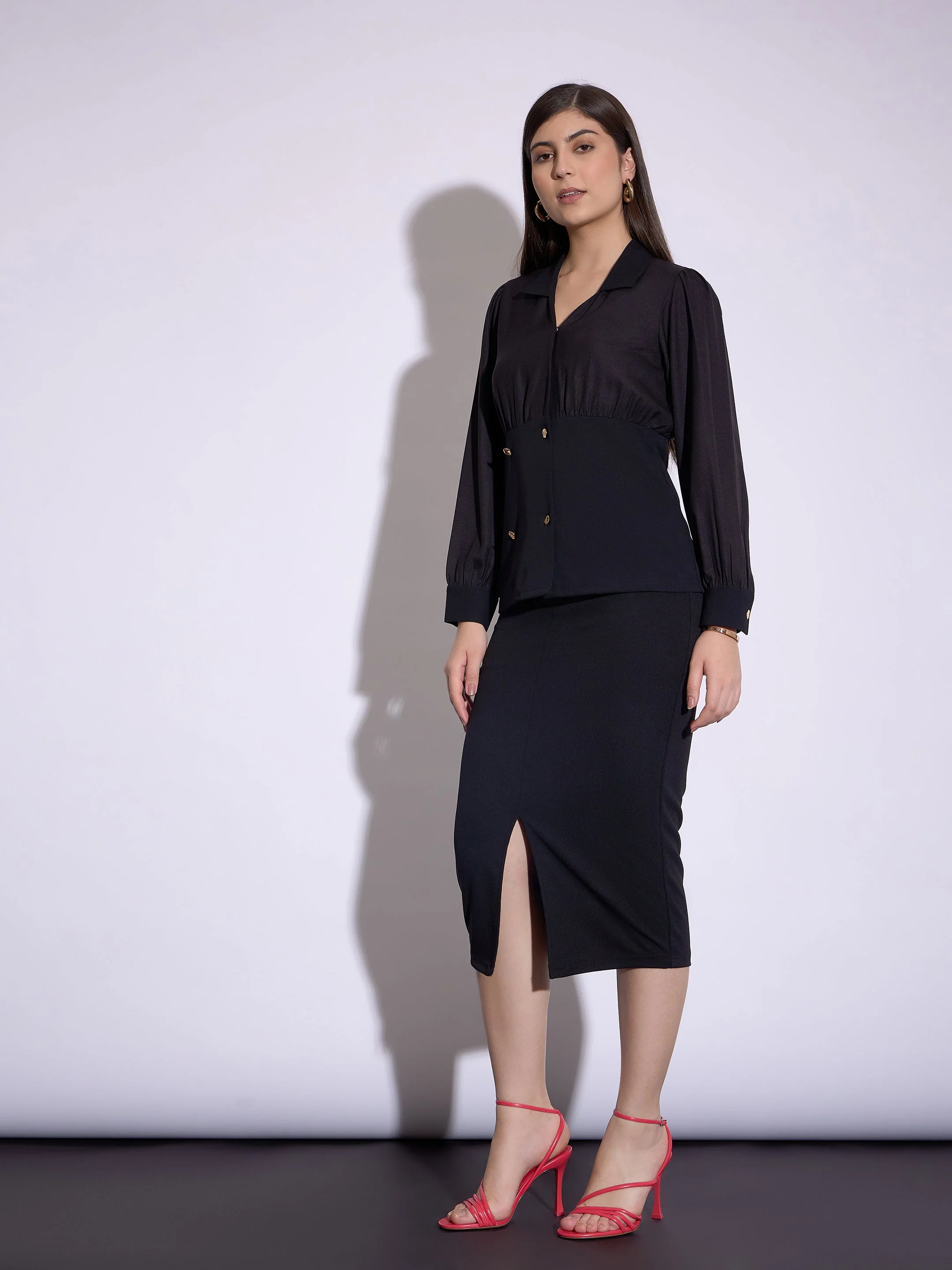 Women Black Peplum Collar Top With Midi Skirt - Image 3