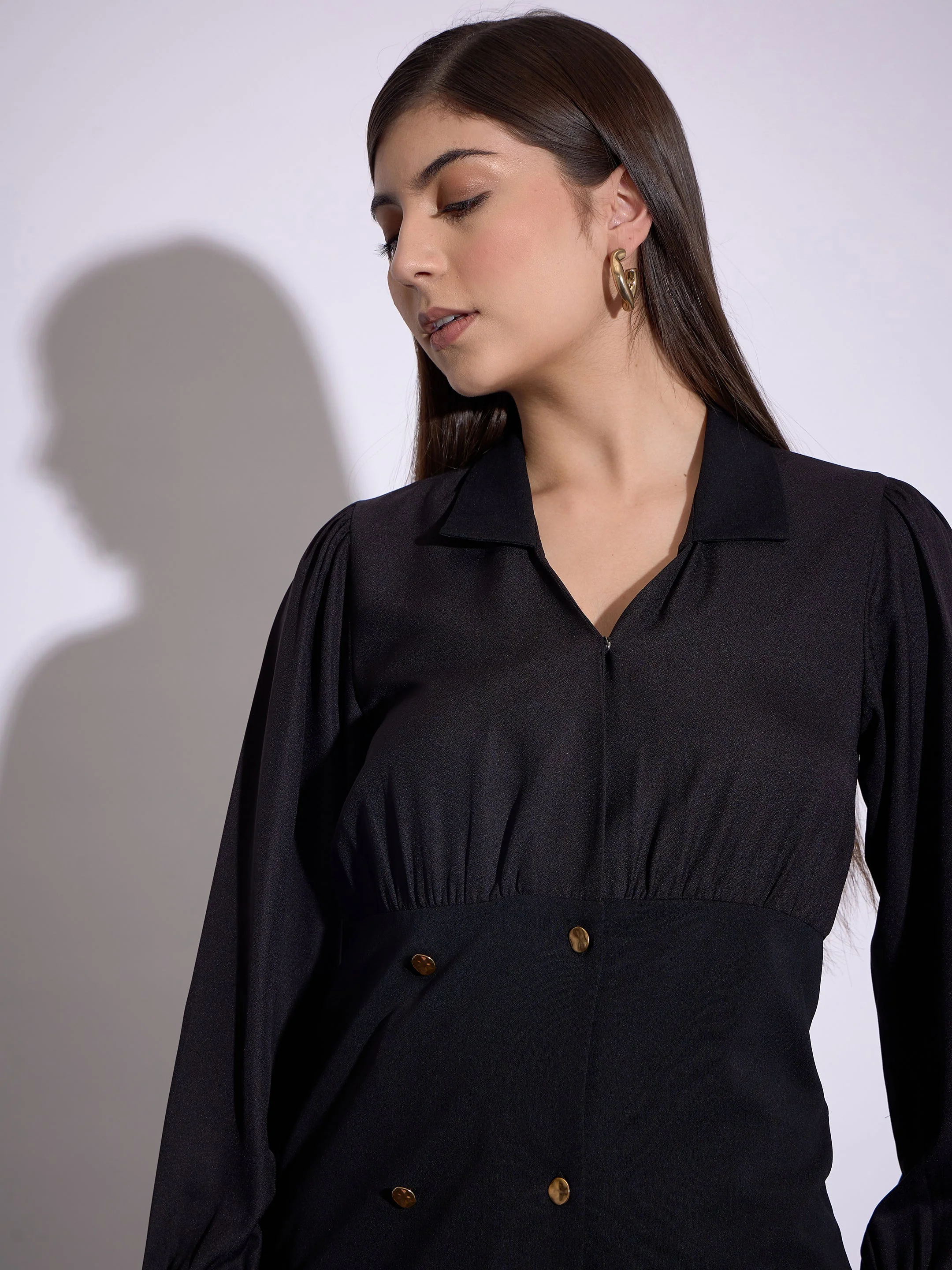 Women Black Peplum Collar Top With Midi Skirt - Image 4