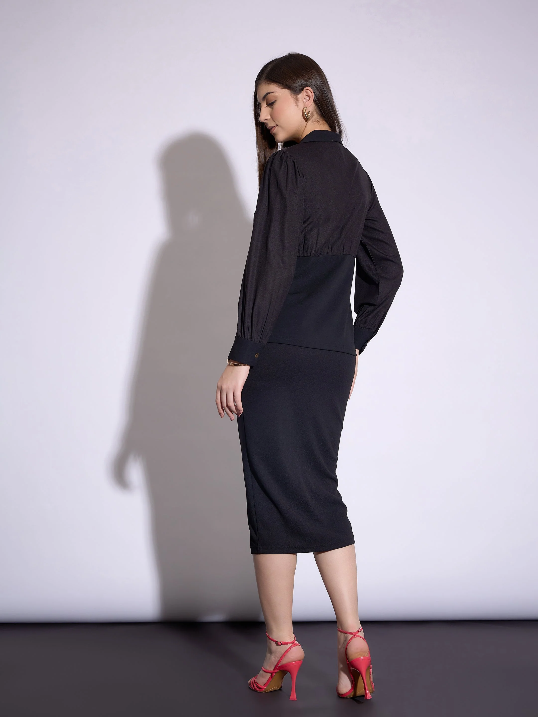 Women Black Peplum Collar Top With Midi Skirt - Image 5
