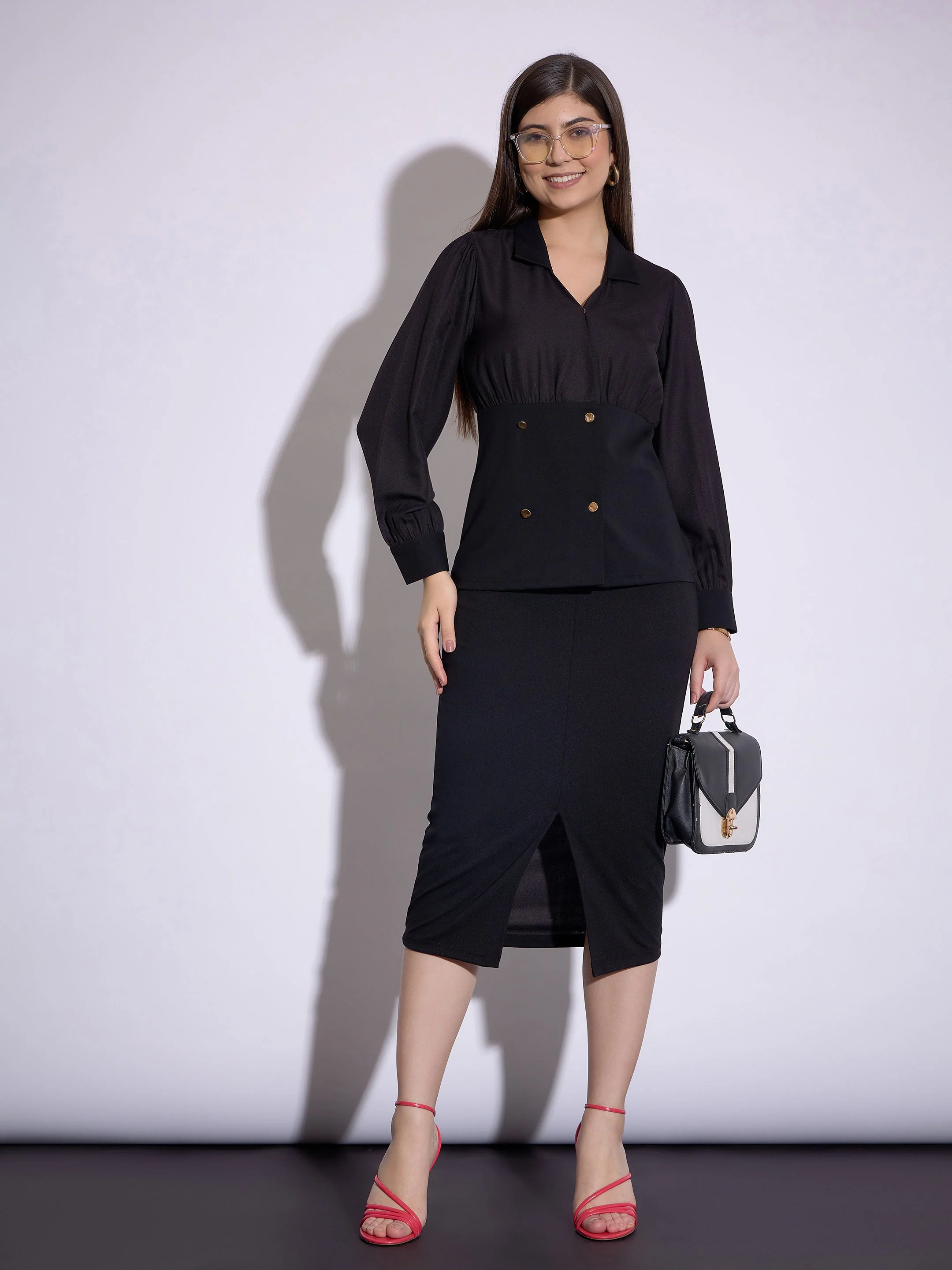 Women Black Peplum Collar Top With Midi Skirt - Image 6