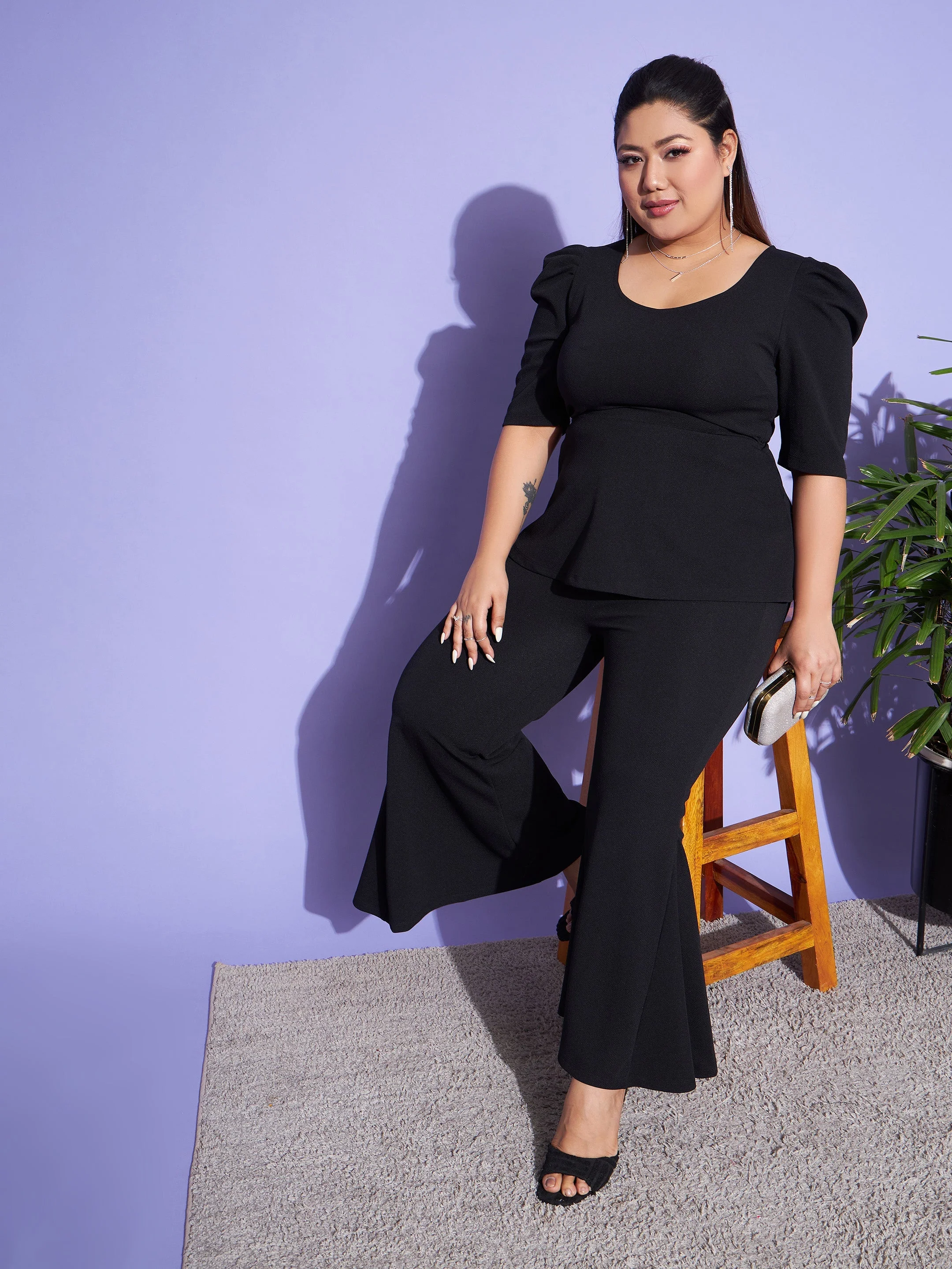 Women Black Peplum Top With Kick Pleats Pants - Image 2