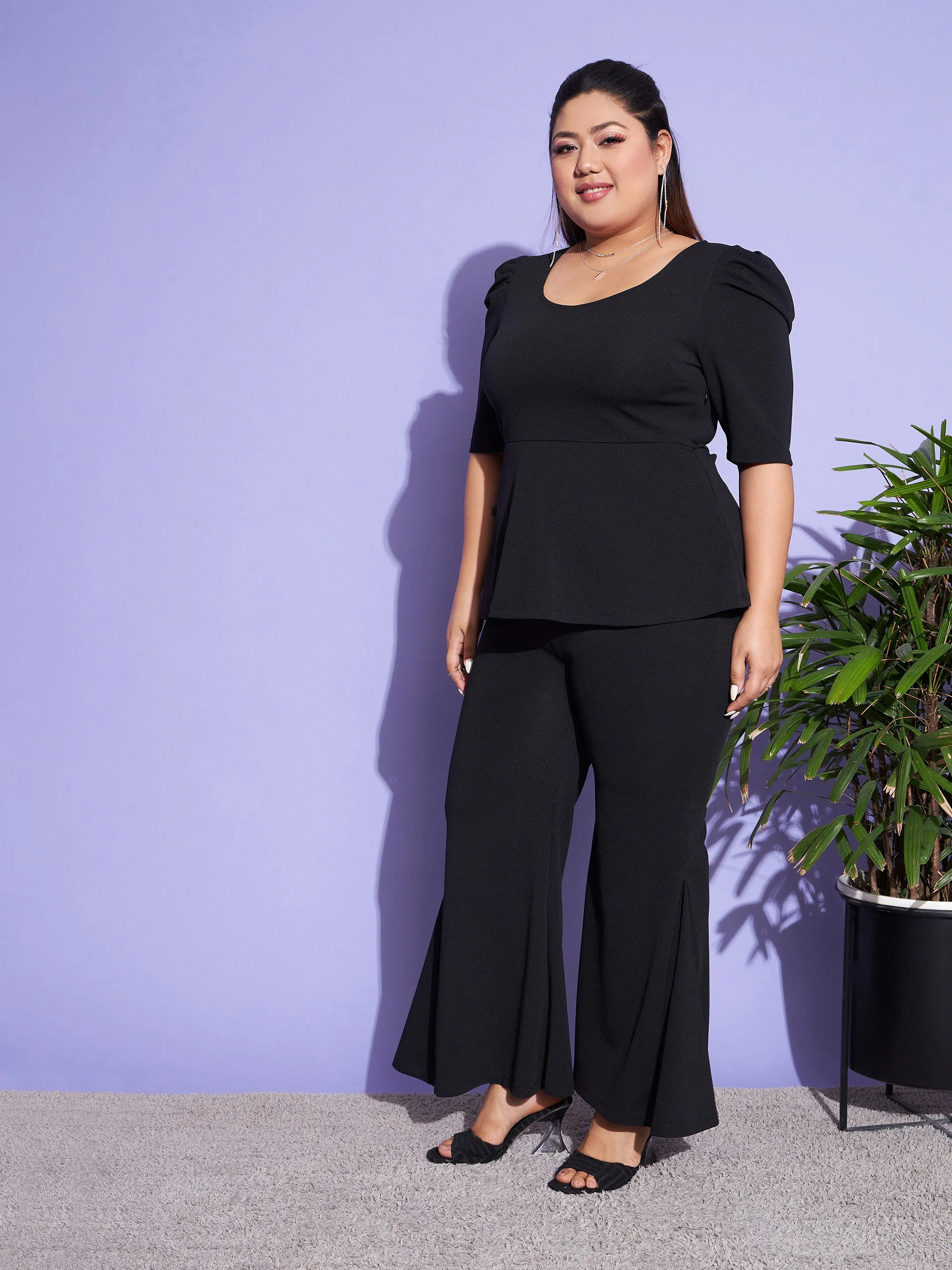 Women Black Peplum Top With Kick Pleats Pants - Image 7
