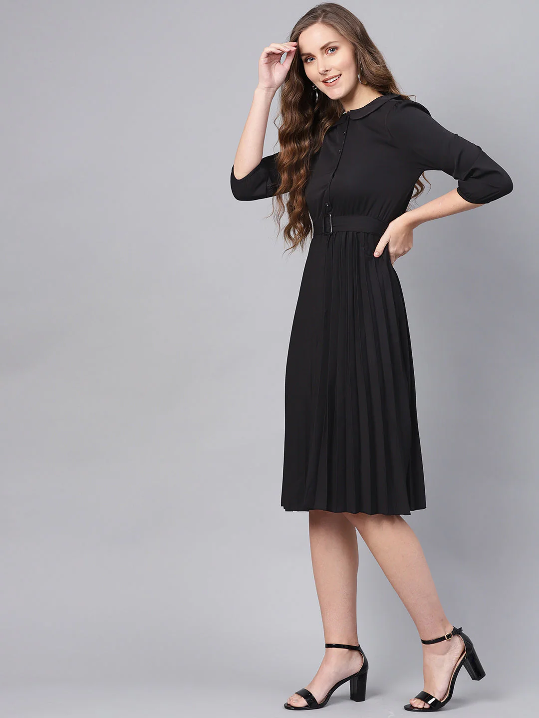 Women Black Peterpan Belted Pleated Midi Dress - Image 2