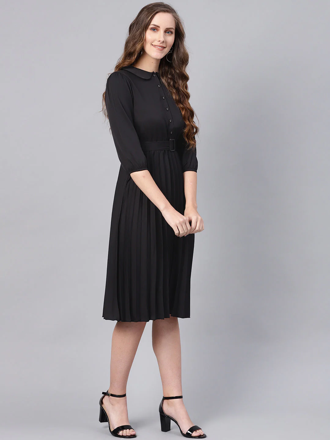 Women Black Peterpan Belted Pleated Midi Dress - Image 4