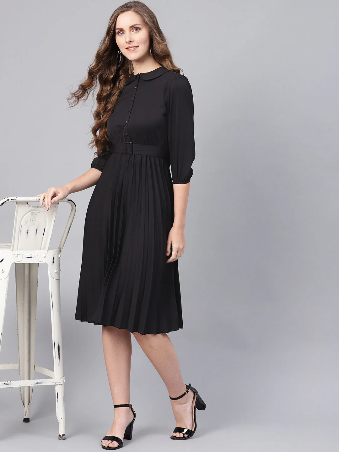 Women Black Peterpan Belted Pleated Midi Dress - Image 6
