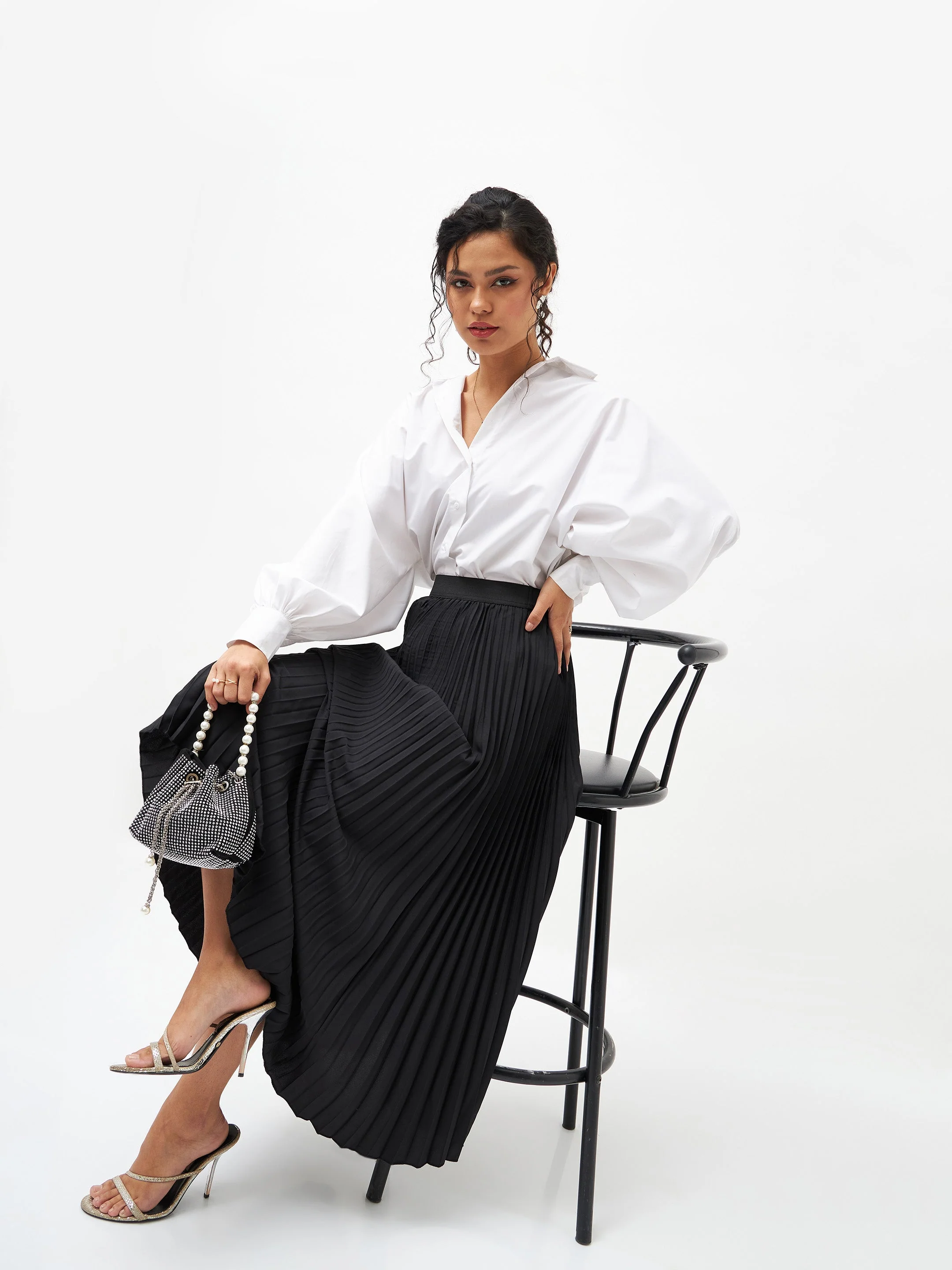 Women Black Pleated Maxi Skirt - Image 2