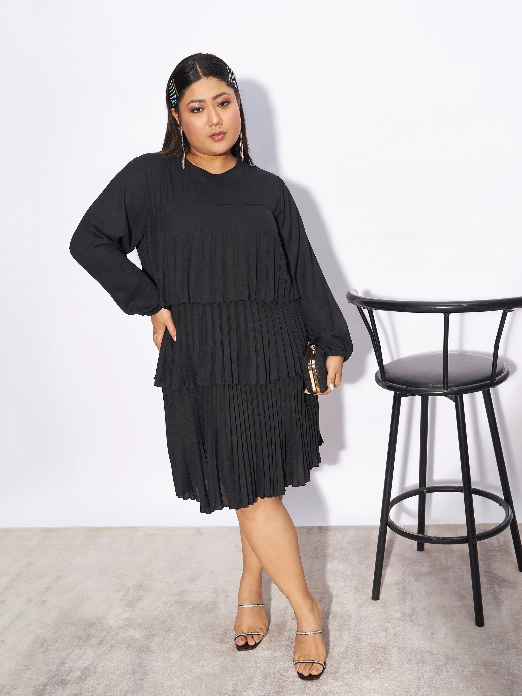 Women Black Pleated Skater Tiered Dress - Image 2