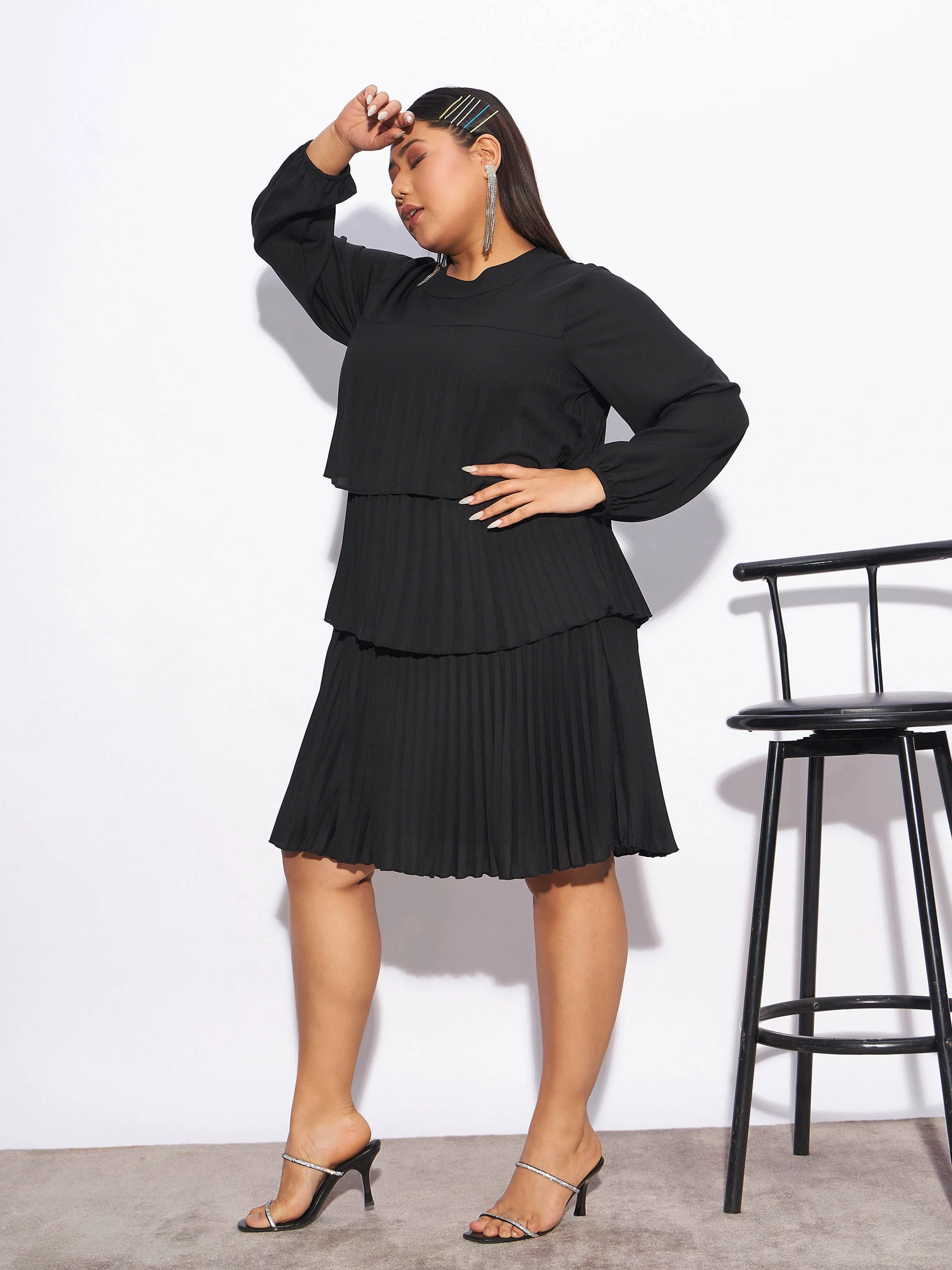 Women Black Pleated Skater Tiered Dress - Image 3