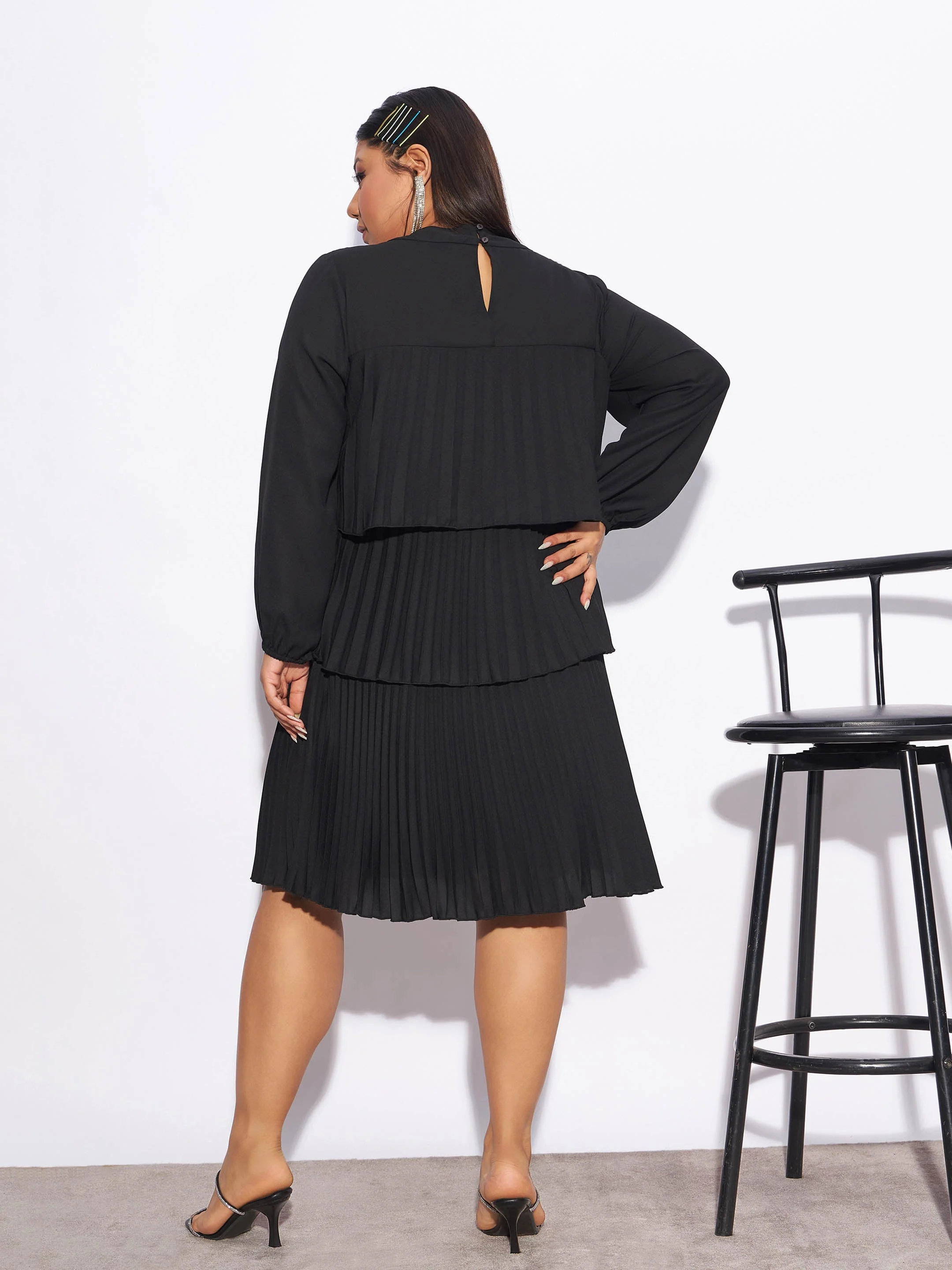 Women Black Pleated Skater Tiered Dress - Image 5