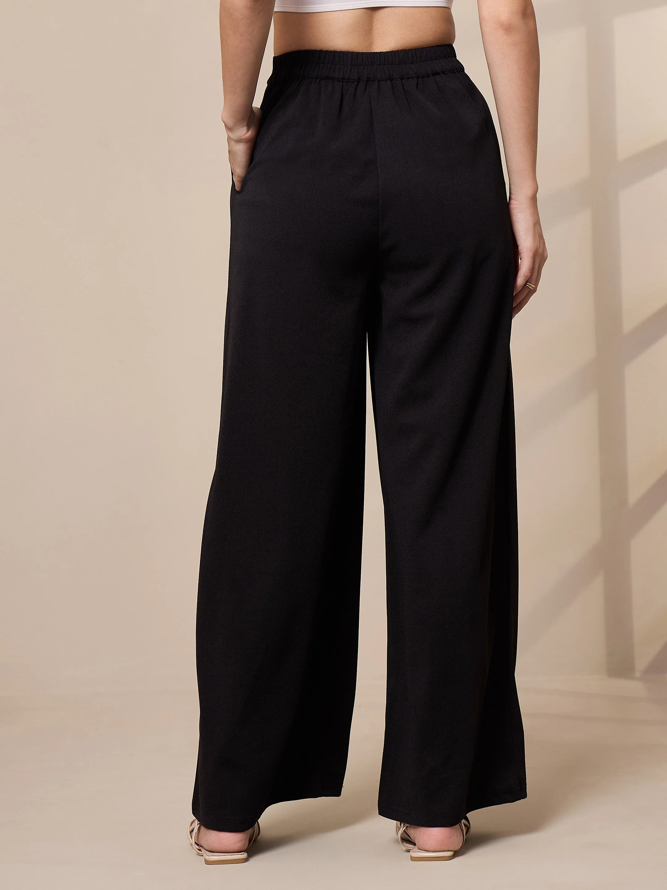 Women Black Pleated Wide Leg Trousers - Image 2