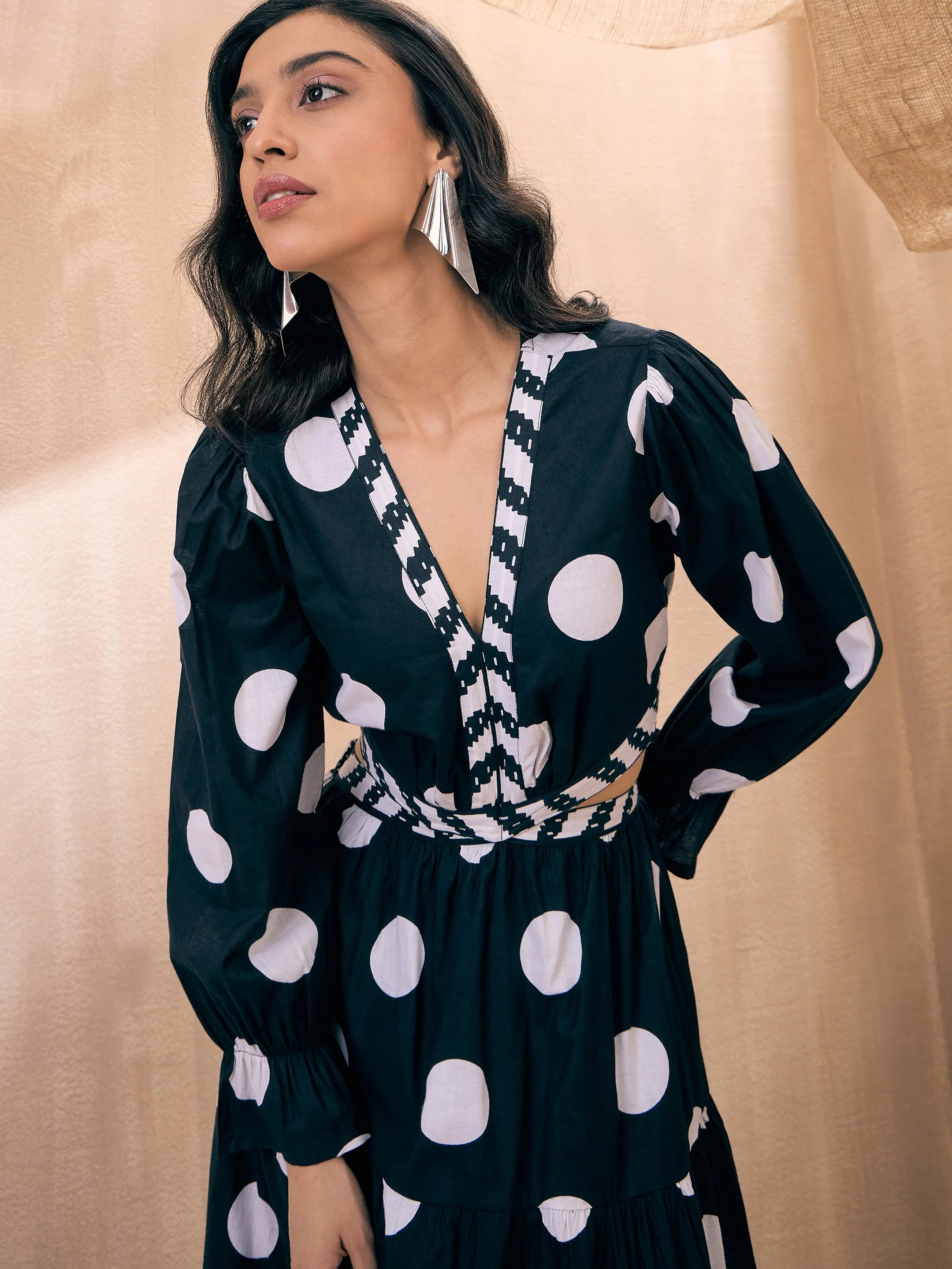 Women Black Polka Dot Waist Cut-Out Maxi - Image 3