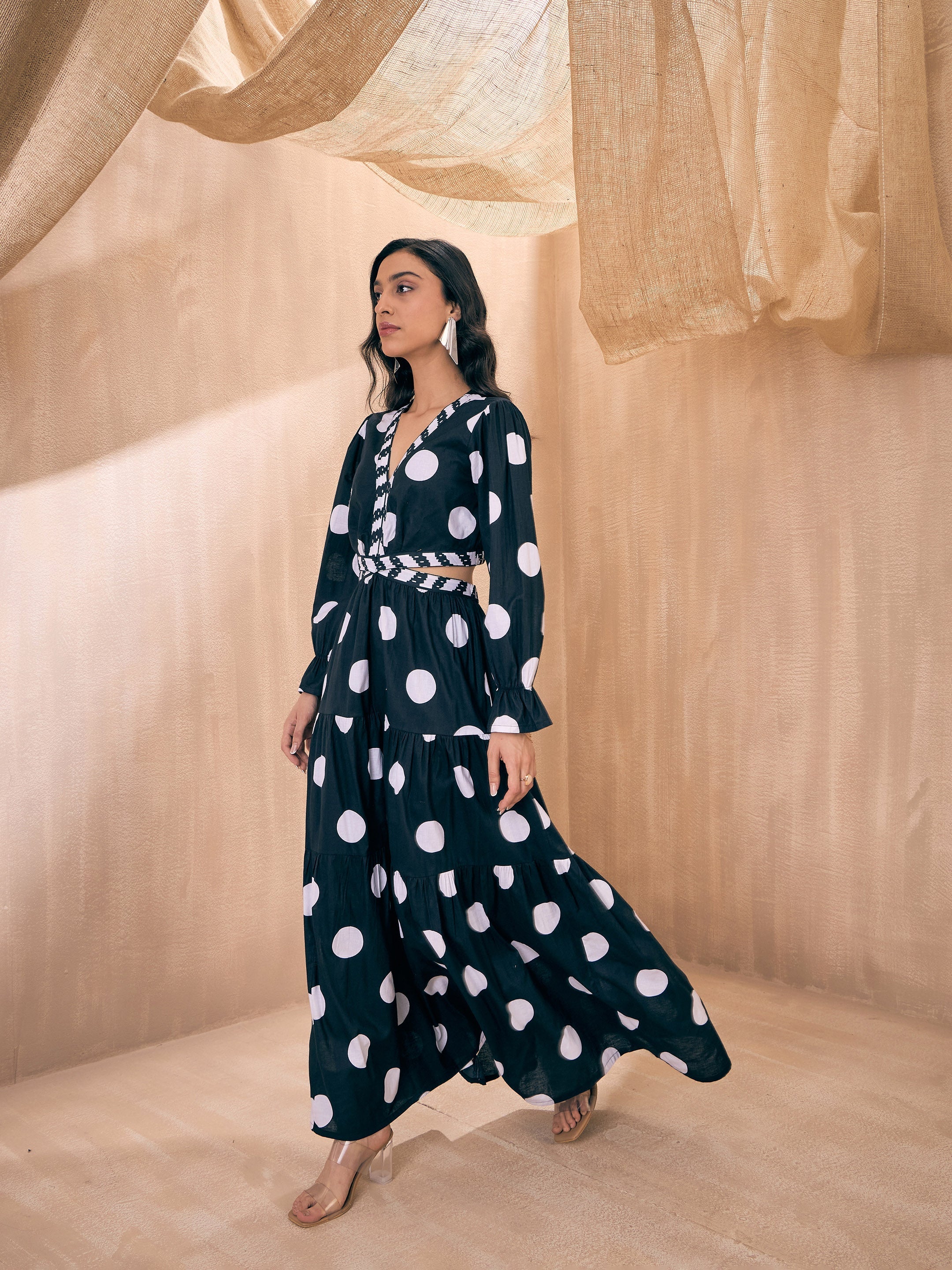 Women Black Polka Dot Waist Cut-Out Maxi - Image 4