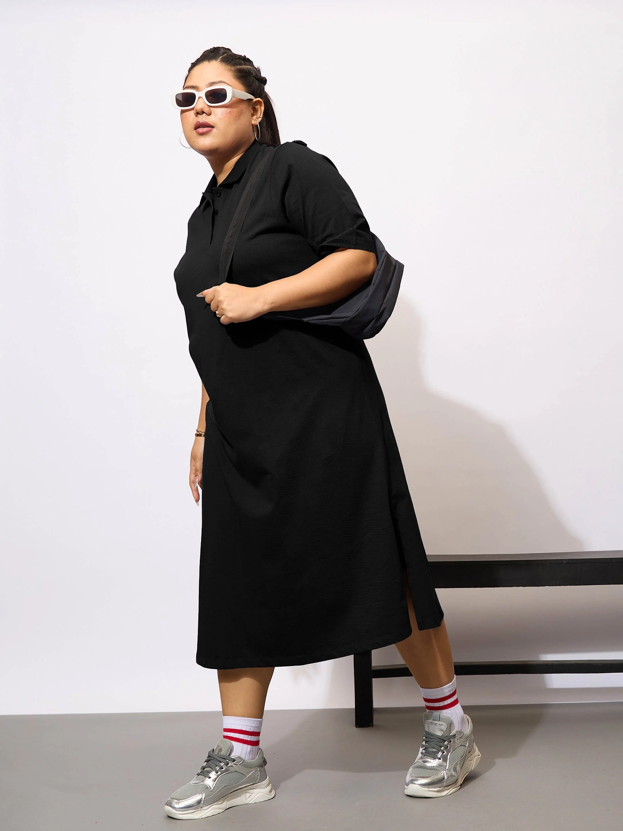 Women Black Polo Neck T Shirt Dress - Image 2