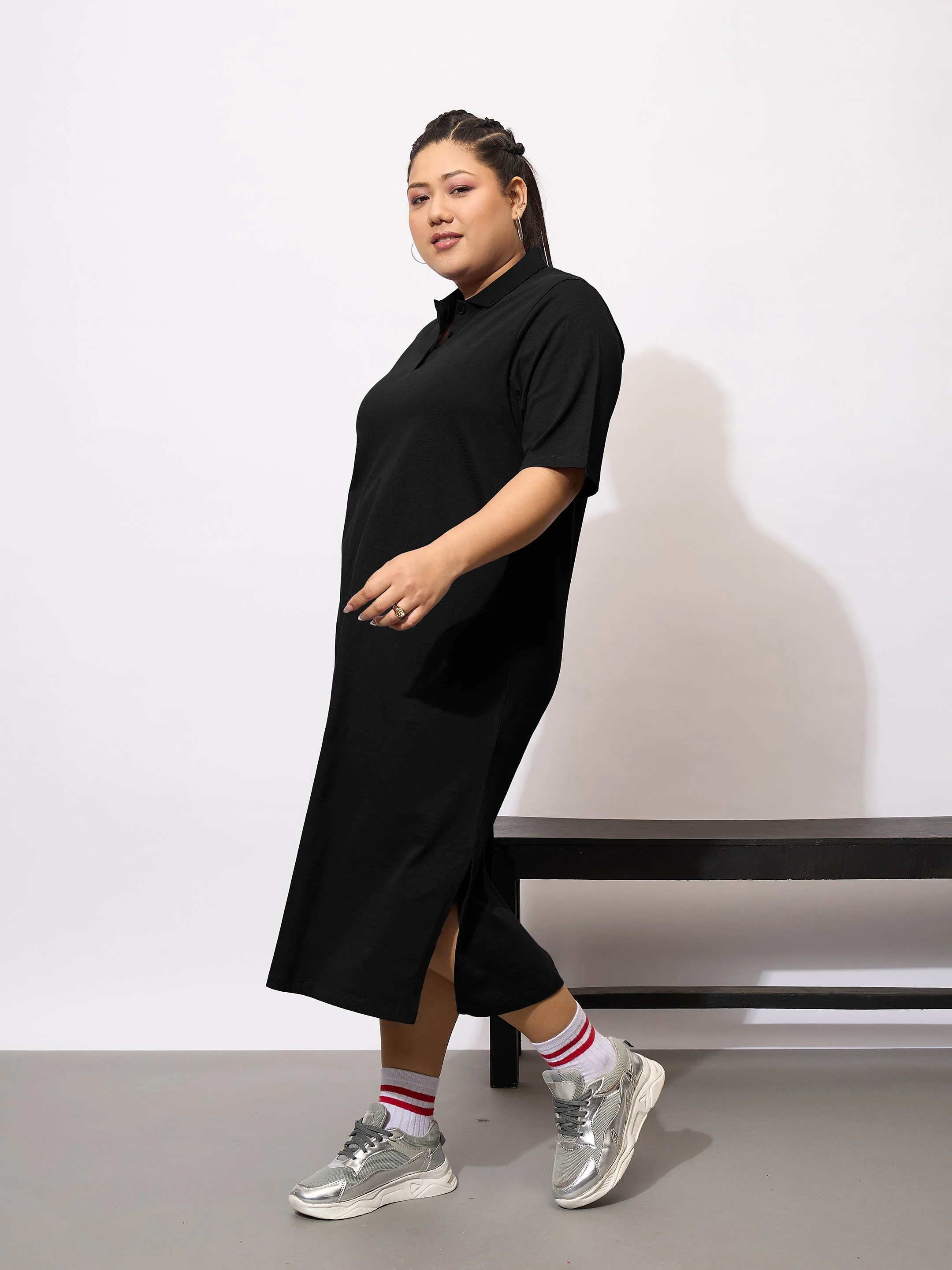 Women Black Polo Neck T Shirt Dress - Image 3