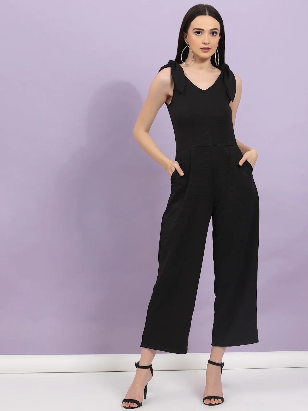Women Black Poly Corduroy Jumpsuit - Image 2