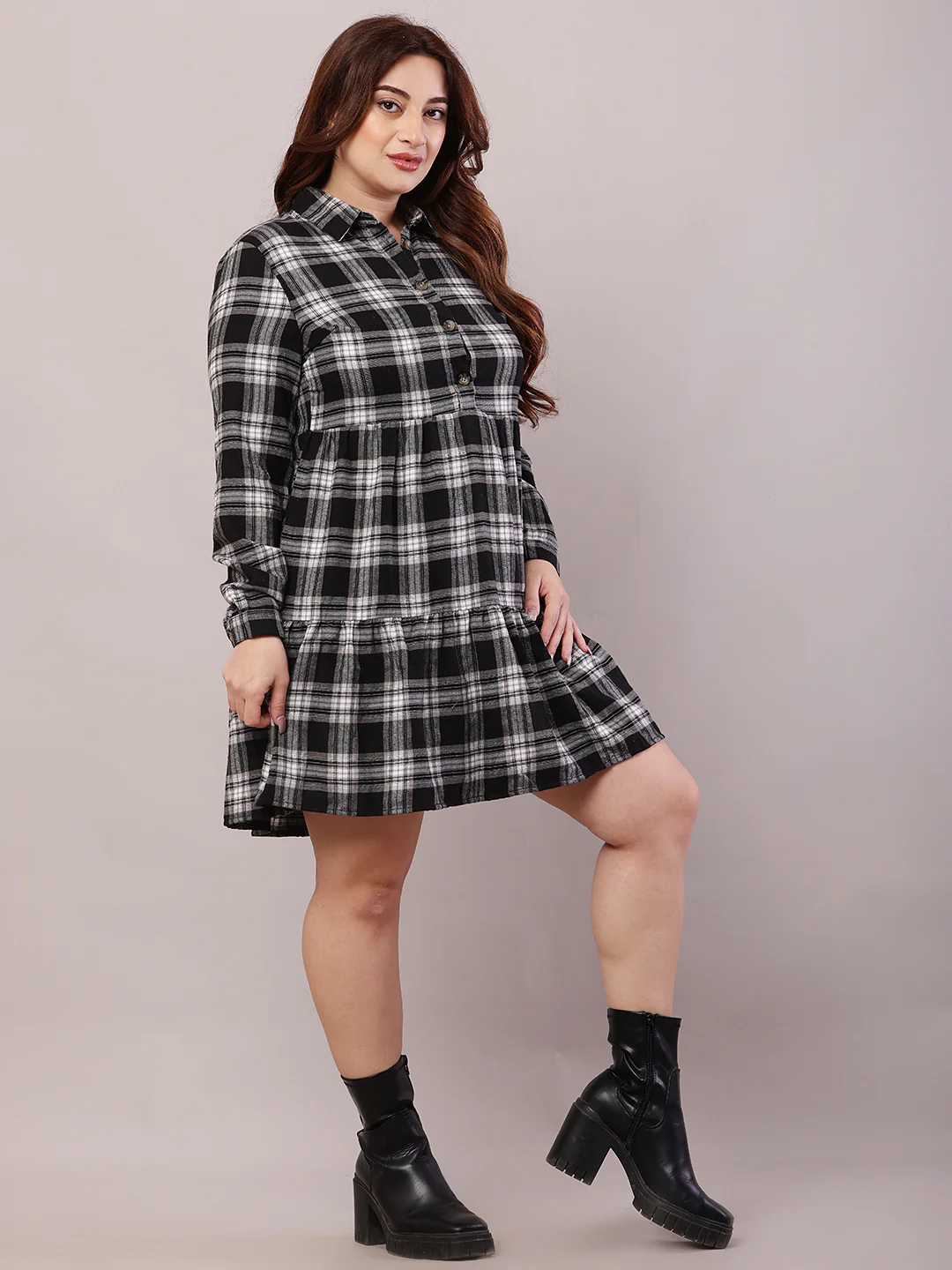 Women Black Polyester Full Sleeve Shirt Collar A-line Dress - Image 2