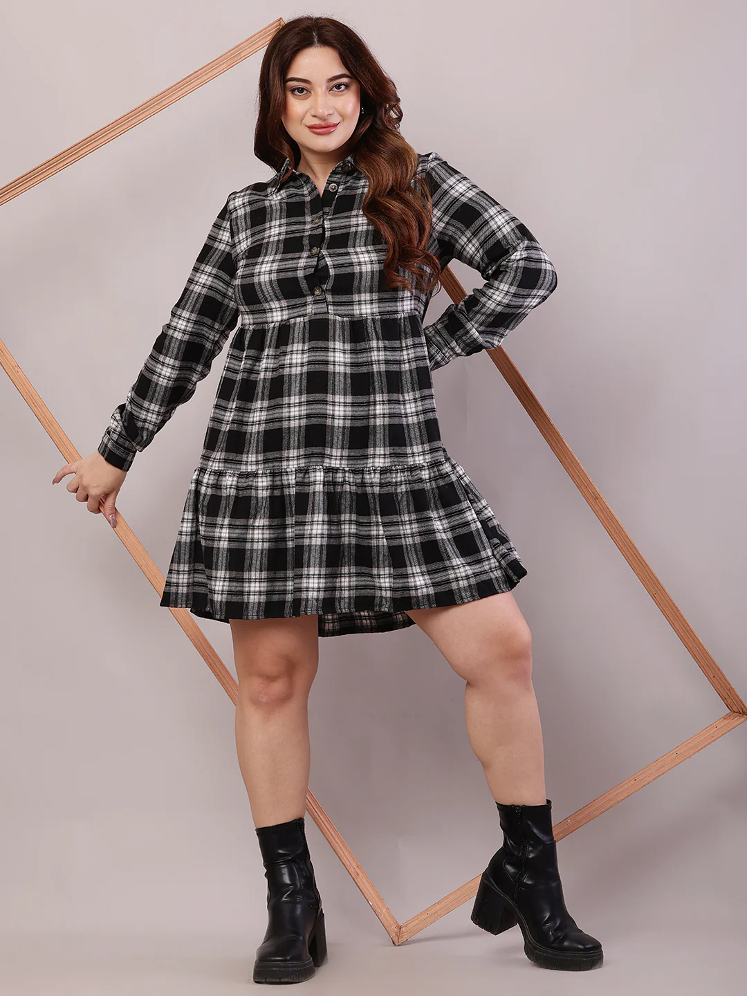 Women Black Polyester Full Sleeve Shirt Collar A-line Dress - Image 3