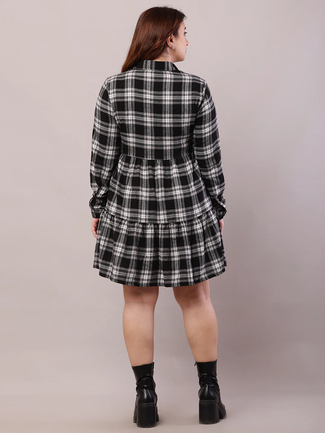 Women Black Polyester Full Sleeve Shirt Collar A-line Dress - Image 4