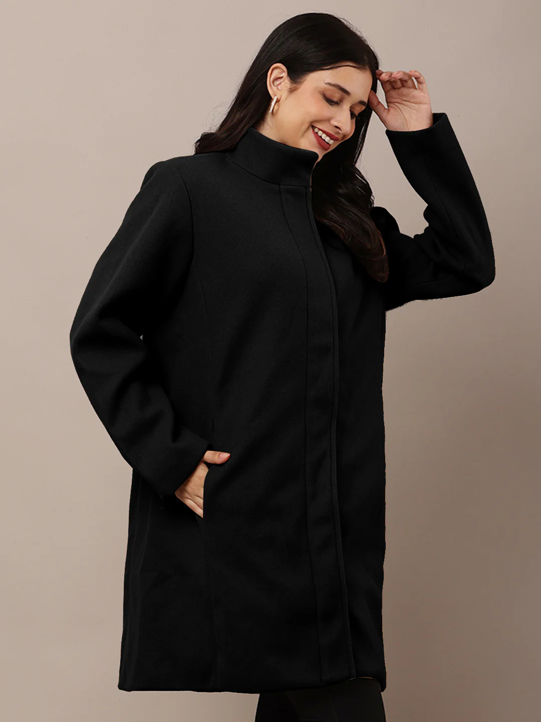 Women Black Polyester High-Neck Stylish Trench Coat - Image 2