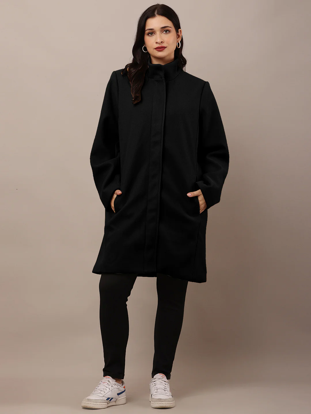 Women Black Polyester High-Neck Stylish Trench Coat - Image 3