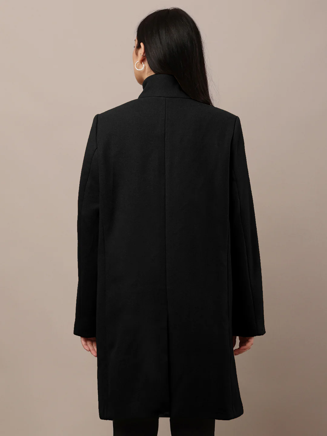 Women Black Polyester High-Neck Stylish Trench Coat - Image 4