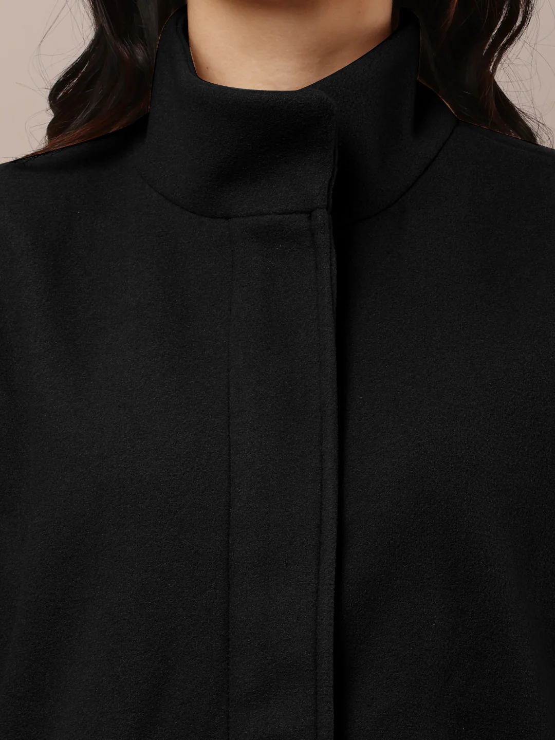 Women Black Polyester High-Neck Stylish Trench Coat - Image 5