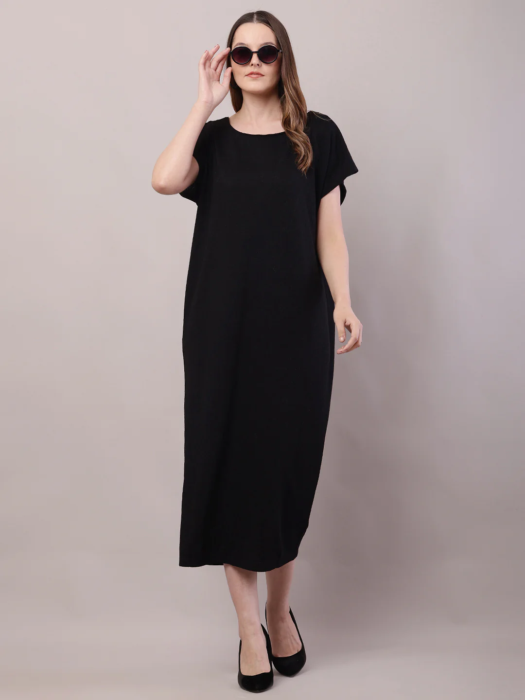 Women Black Polyester Round Neck Half Sleeve Maxi Dress - Image 3