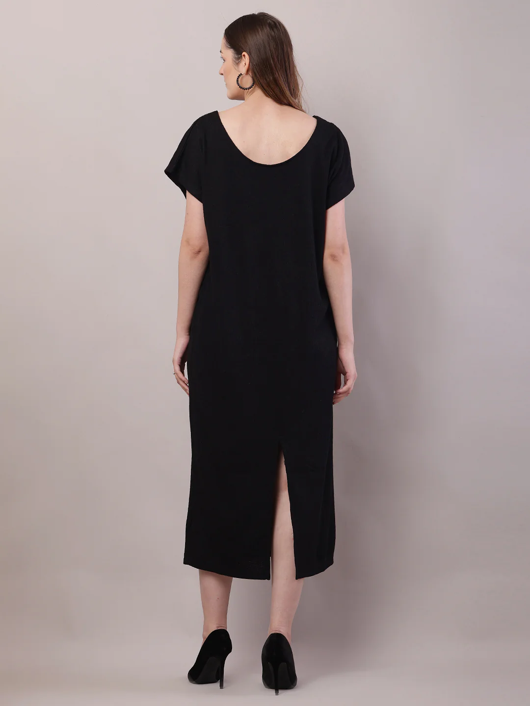 Women Black Polyester Round Neck Half Sleeve Maxi Dress - Image 4