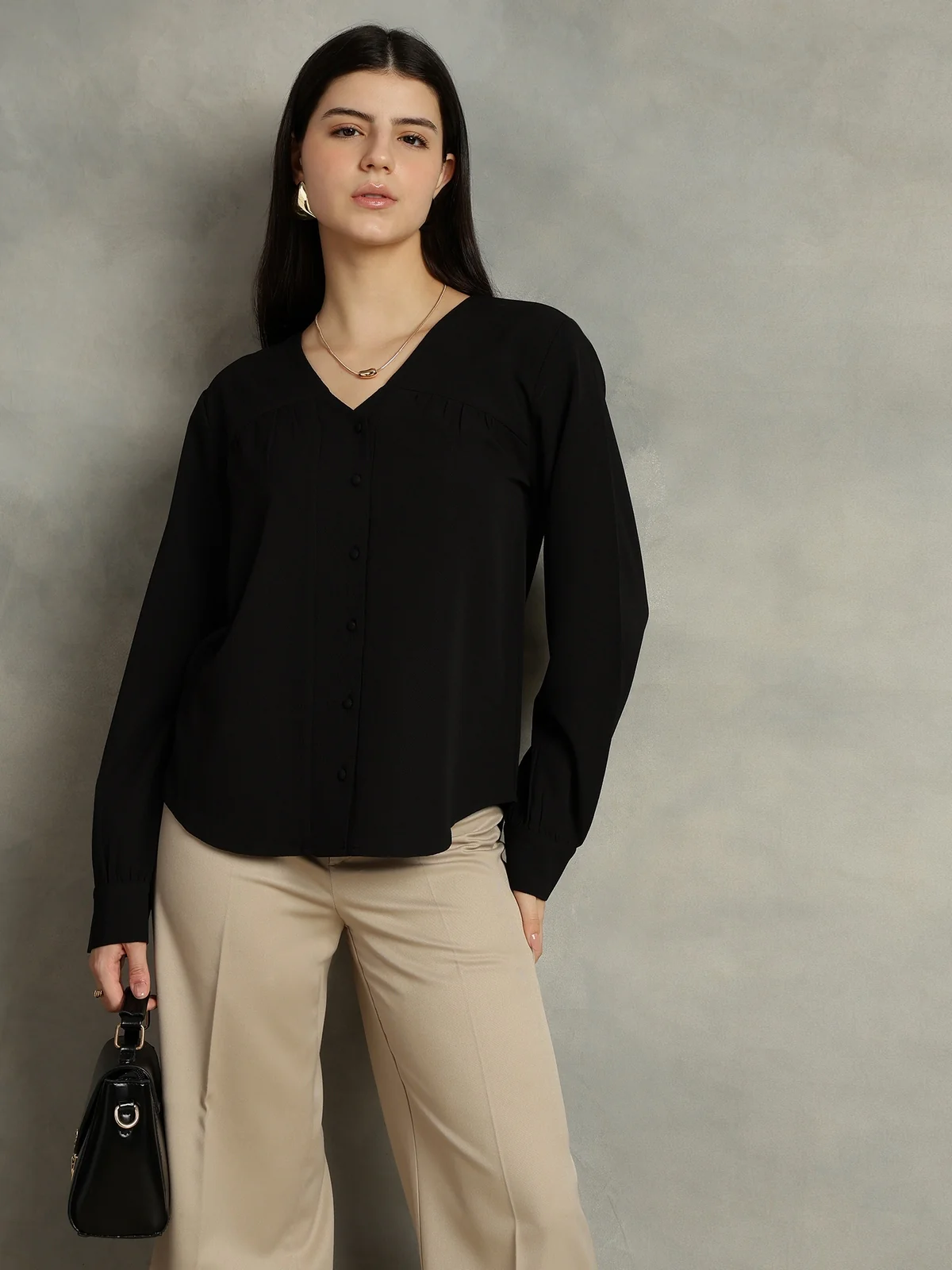 Women Black Polyester V-Neck Top - Image 3