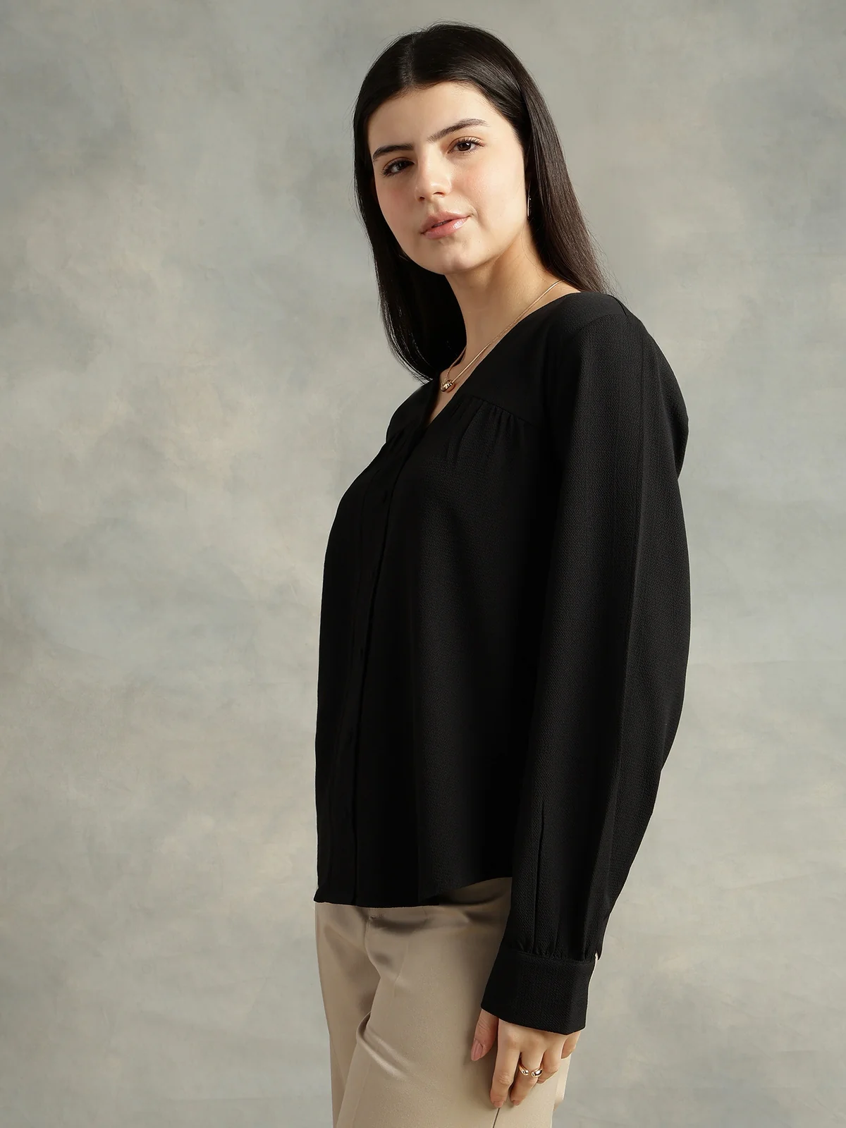 Women Black Polyester V-Neck Top - Image 5