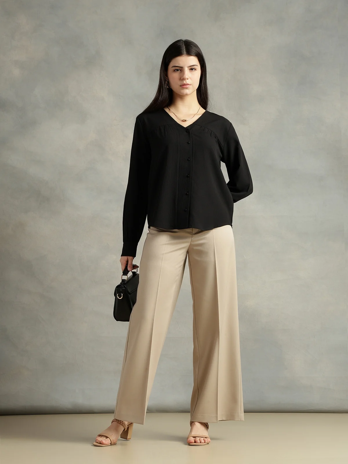 Women Black Polyester V-Neck Top - Image 6