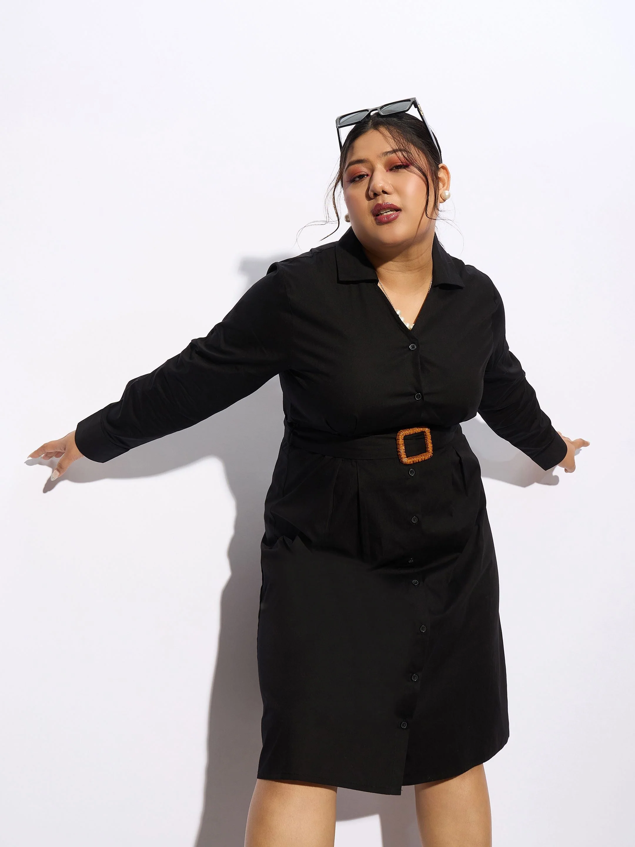 Women Black Poplin Belted Shirt Dress - Image 2