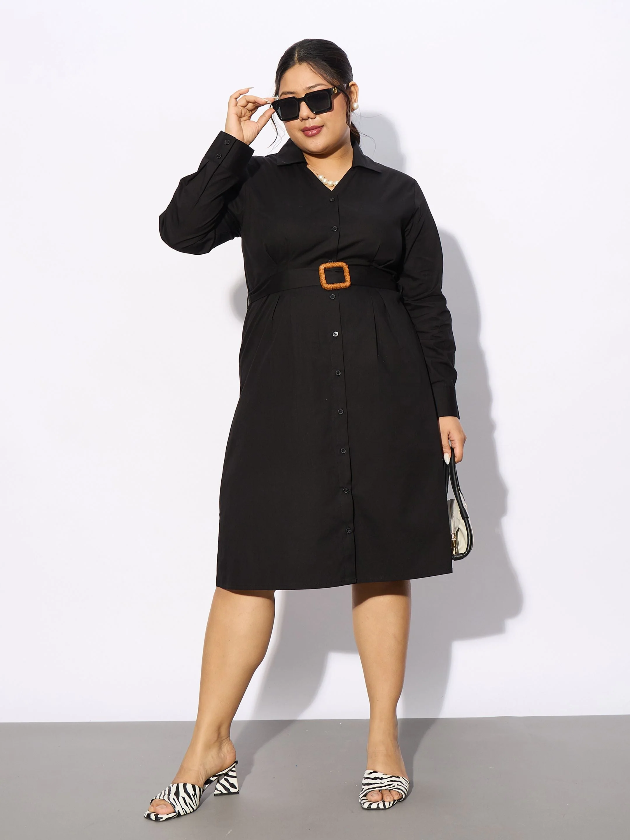 Women Black Poplin Belted Shirt Dress - Image 3
