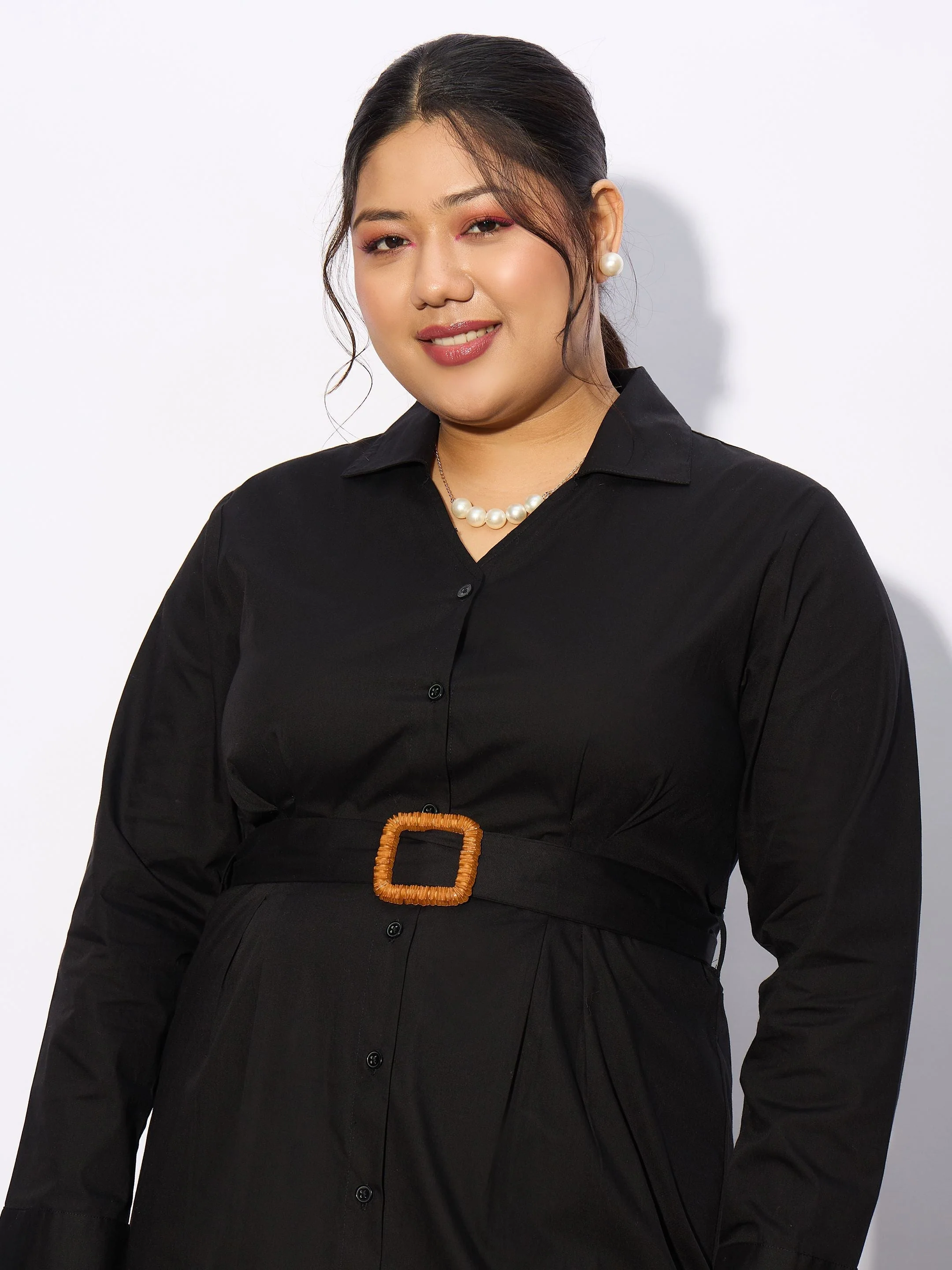Women Black Poplin Belted Shirt Dress - Image 4