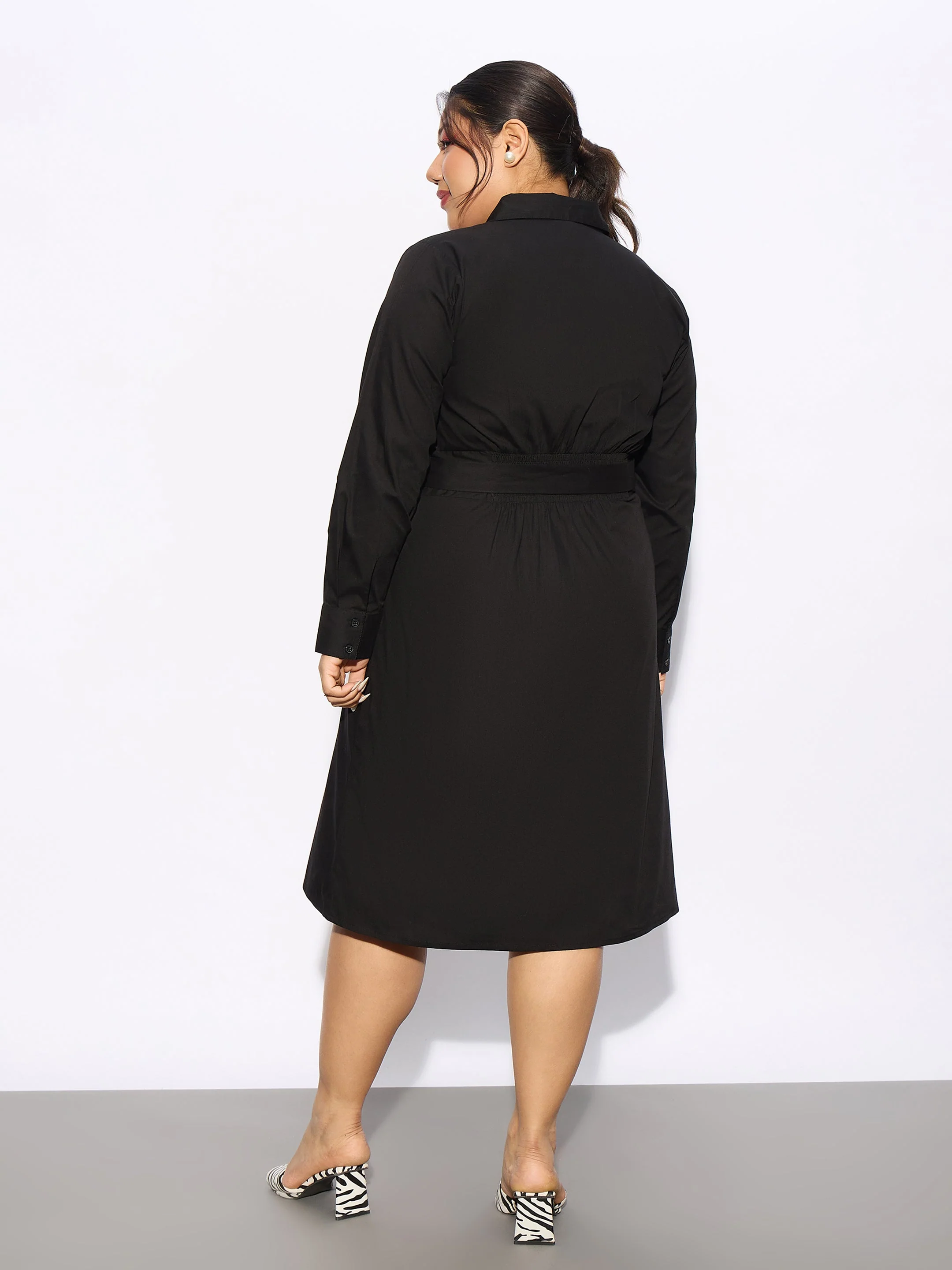 Women Black Poplin Belted Shirt Dress - Image 5