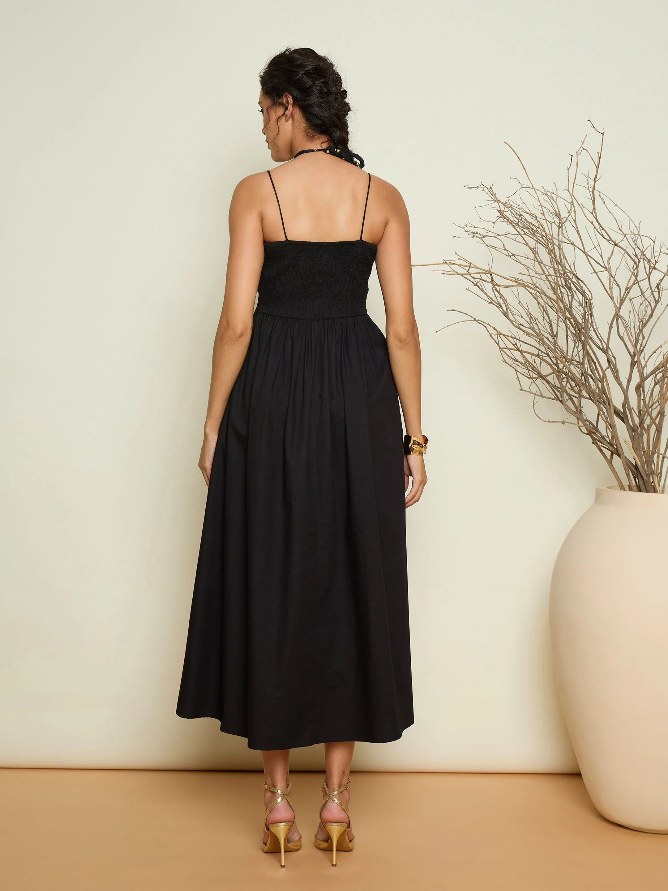Women Black Poplin Front Corsage Strappy Maxi Dress - Image 2