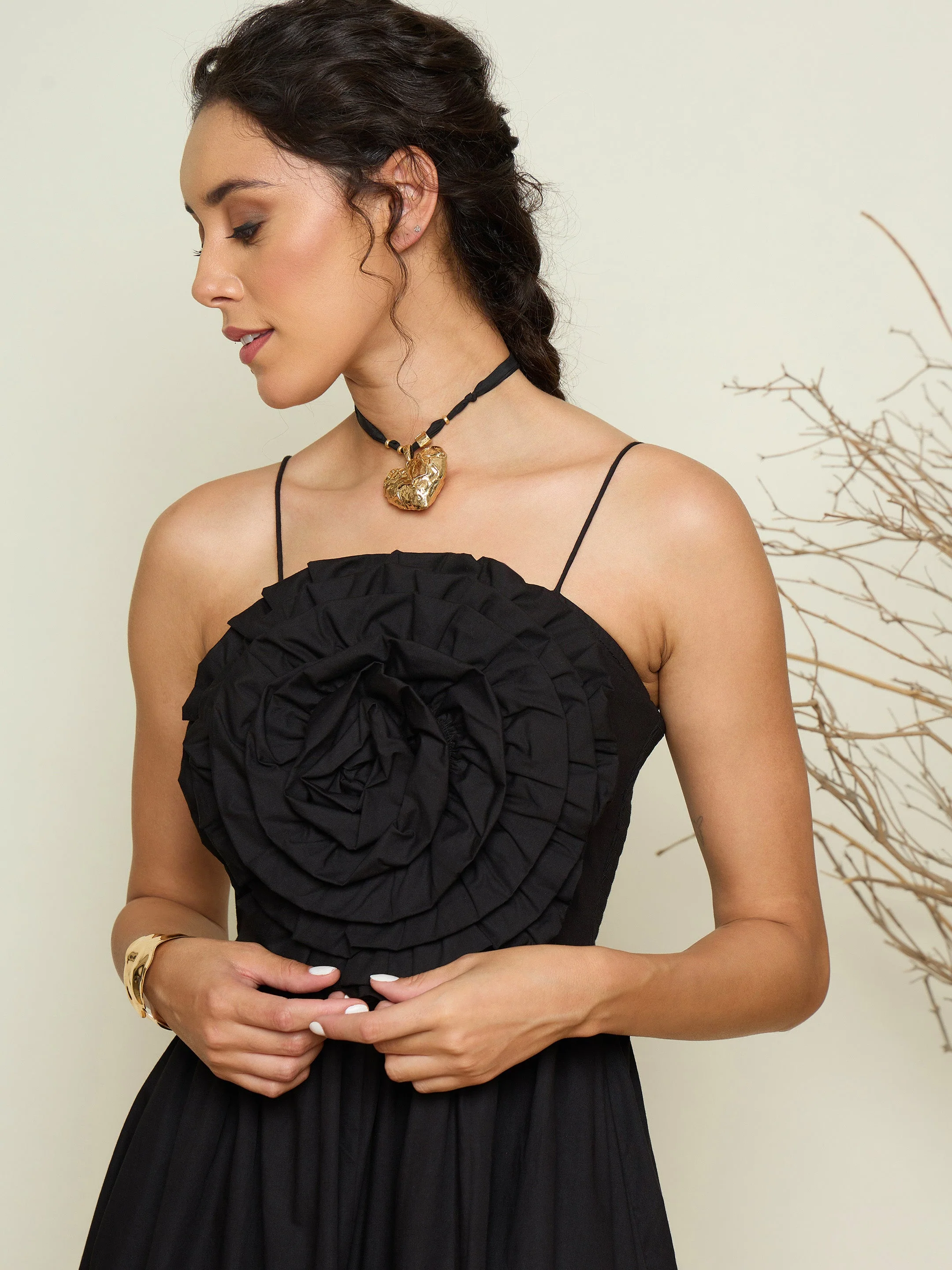 Women Black Poplin Front Corsage Strappy Maxi Dress - Image 3