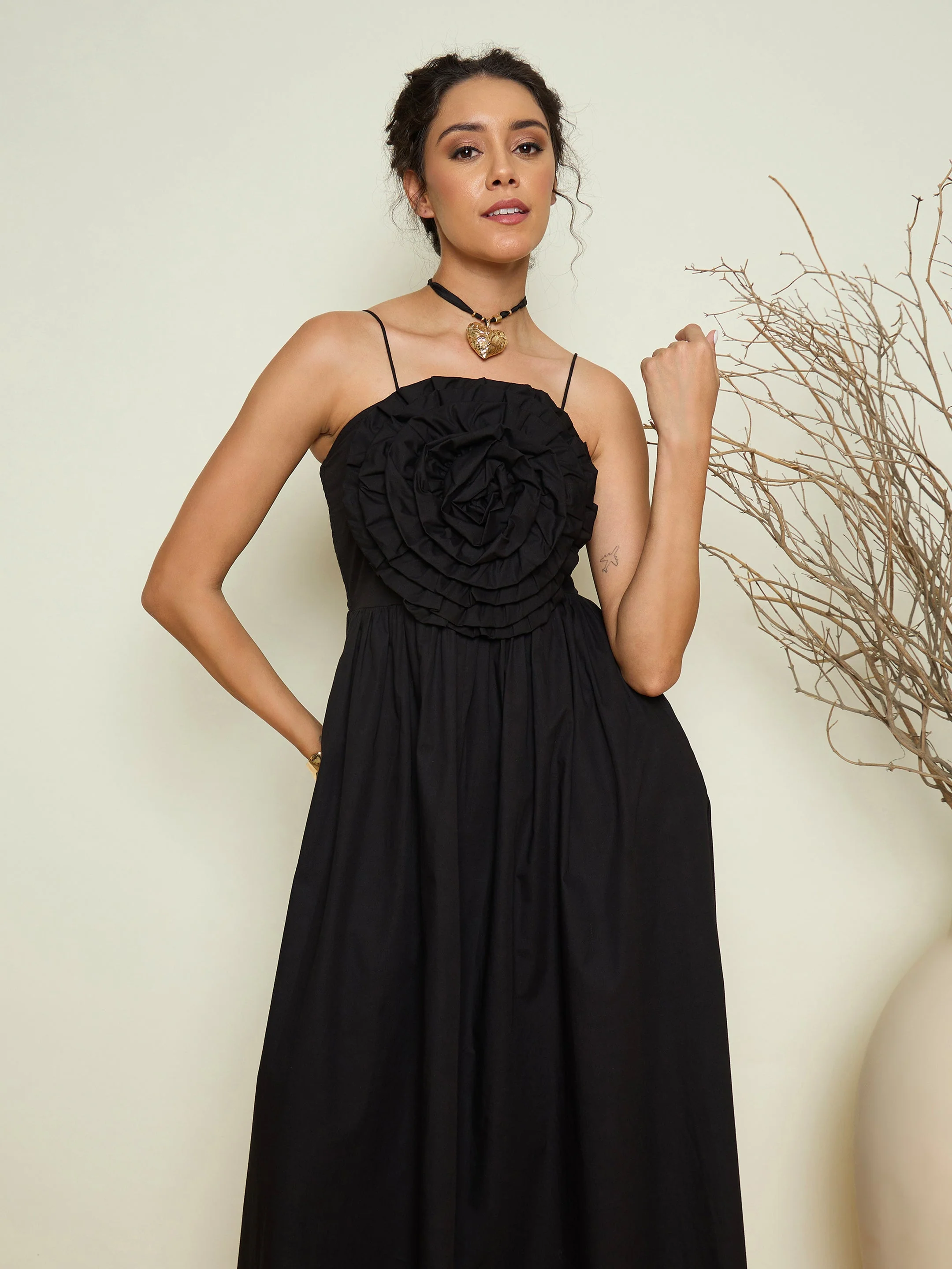 Women Black Poplin Front Corsage Strappy Maxi Dress - Image 4